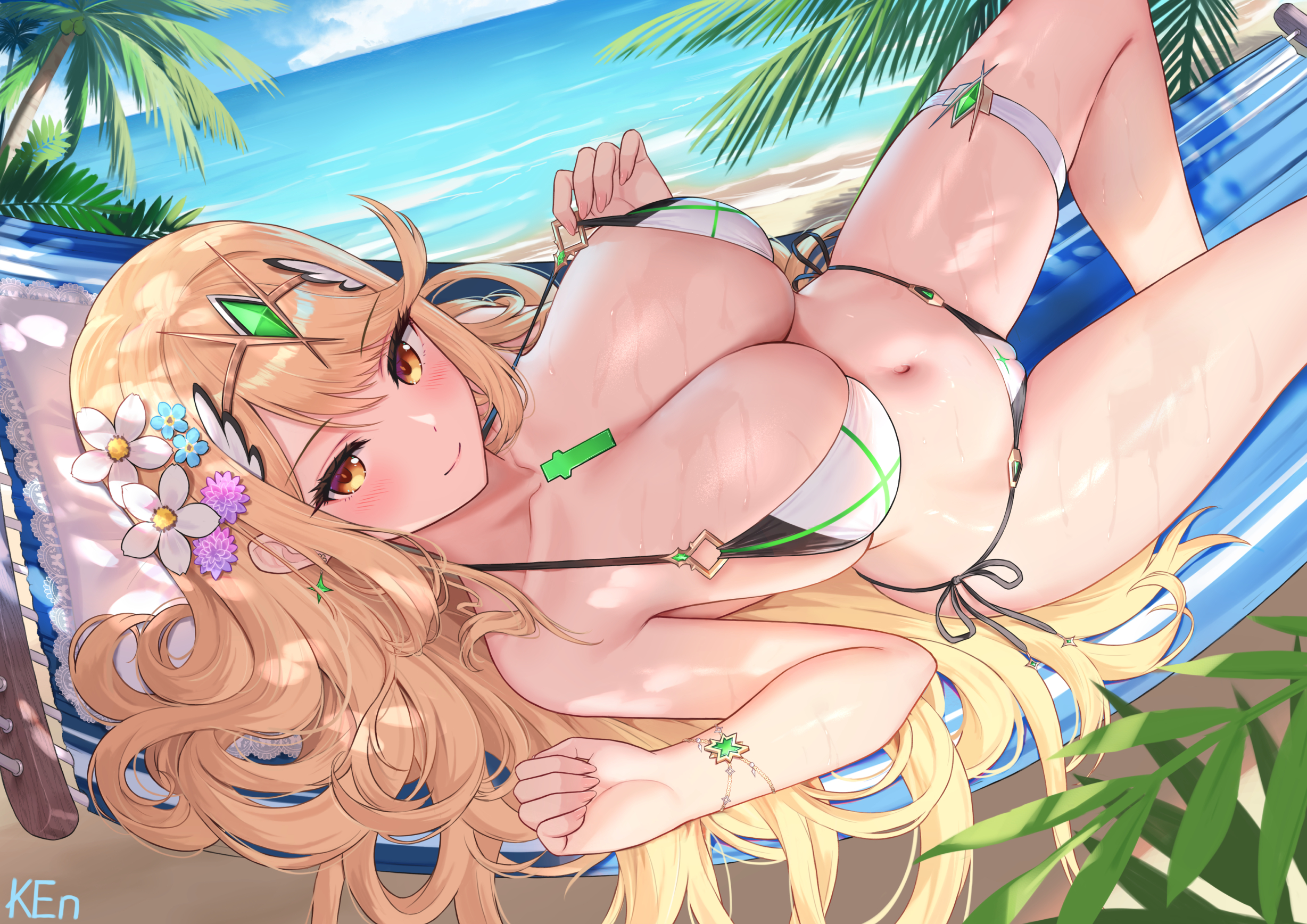 ken-san, mythra (xenoblade), xenoblade chronicles (series), xenoblade chronicles 2, highres, 1girl, bare shoulders, beach, bikini, blonde hair, blue sky, blush, breasts, brown eyes, chest jewel, cleavage, closed mouth, cloud, collarbone, day, earrings, flower, hair flower, hair ornament, halterneck, hammock, jewelry, large breasts, long hair, looking at viewer, lying, navel, ocean, on back, on hammock, outdoors, palm tree, sand, sky, smile, solo, stomach, swept bangs, swimsuit, thigh strap, thighs, tree, very long hair, water, wet, white bikini, yellow eyes