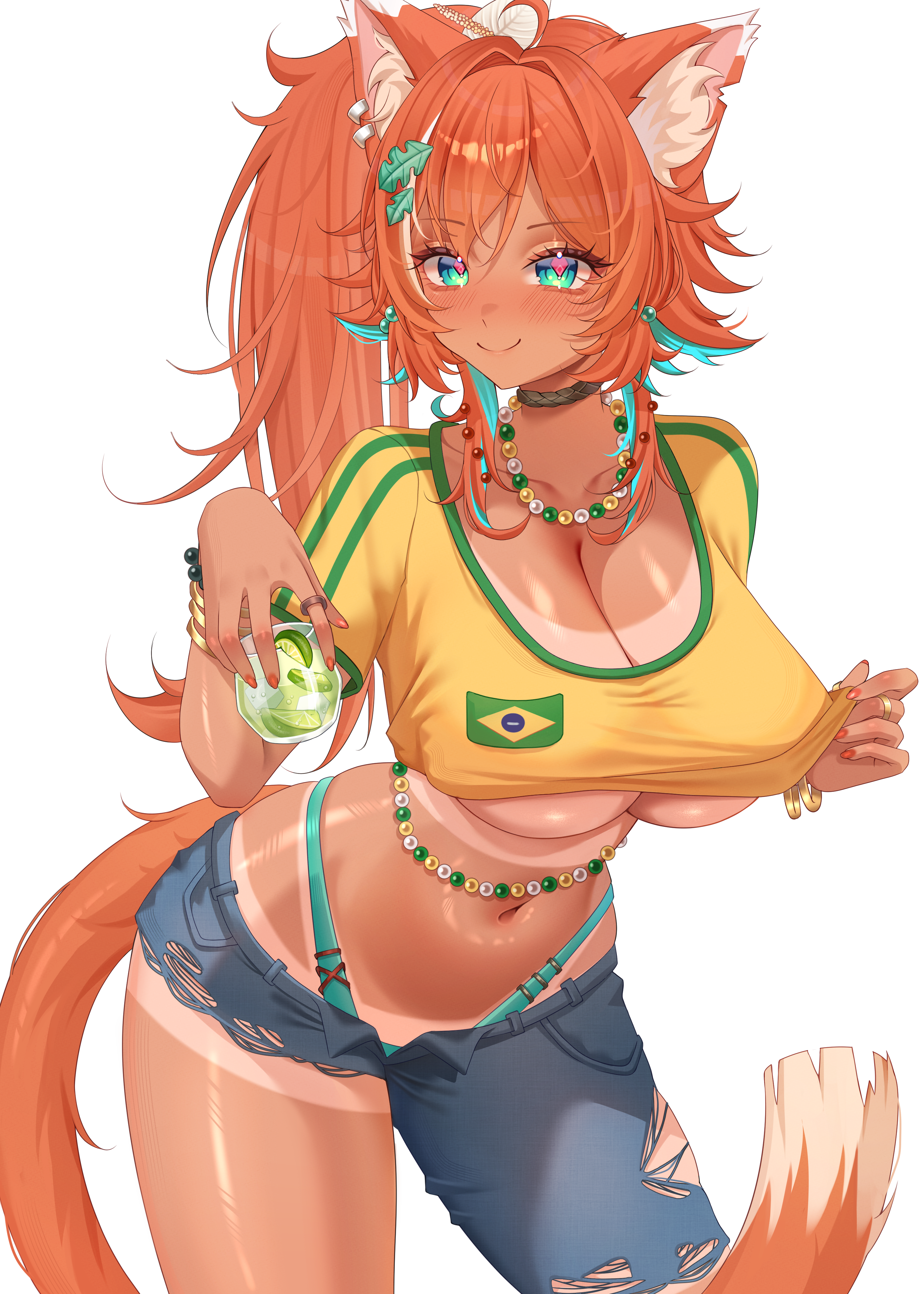 sinonamon, mozumi pichi, v-dere, absurdres, highres, second-party source, 1girl, ahoge, animal ear fluff, animal ears, asymmetrical clothes, bead necklace, beads, blue hair, bracelet, brazilian flag, breasts, cleavage, closed mouth, cup, diamond-shaped pupils, diamond (shape), drink, earrings, food, fruit, gold bracelet, hair ornament, holding, holding cup, jewelry, large breasts, leaf hair ornament, lime (fruit), lime slice, long hair, multicolored hair, navel, necklace, orange hair, pants, pink pupils, ring, shirt, single pantsleg, smile, solo, symbol-shaped pupils, tail, tan, tanline, torn clothes, torn pants, transparent background, twintails, two-tone hair, virtual youtuber, wolf ears, wolf girl