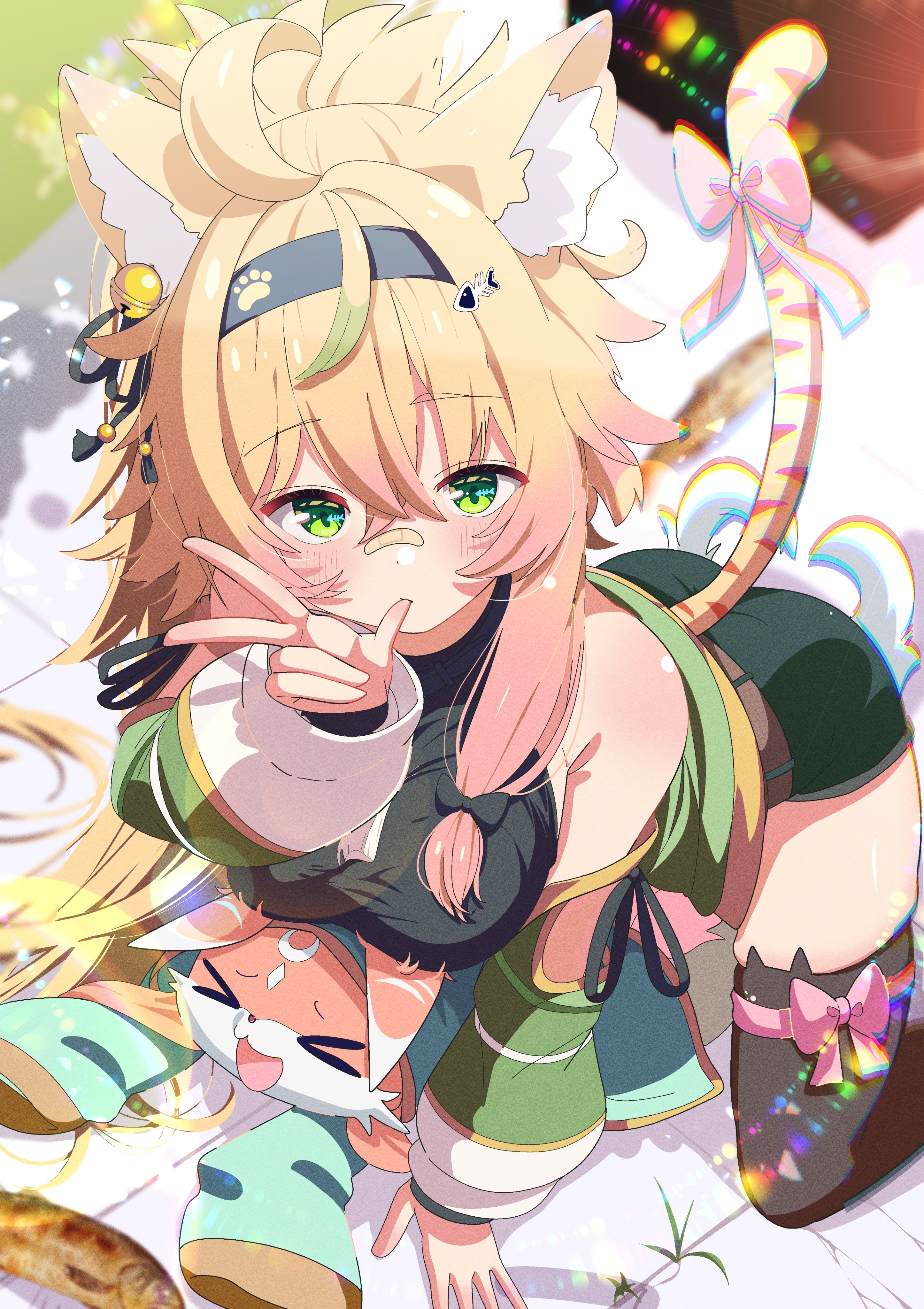 shiro9jira, original, absurdres, commission, highres, skeb commission, > <, 1girl, all fours, animal ears, bandaid, bandaid on face, bandaid on nose, bell, biting, black thighhighs, blonde hair, blush, breasts, cat ears, cat tail, green eyes, hair between eyes, hair ornament, hairband, long hair, looking at viewer, multicolored hair, shorts, tail, thighhighs, v, virtual youtuber