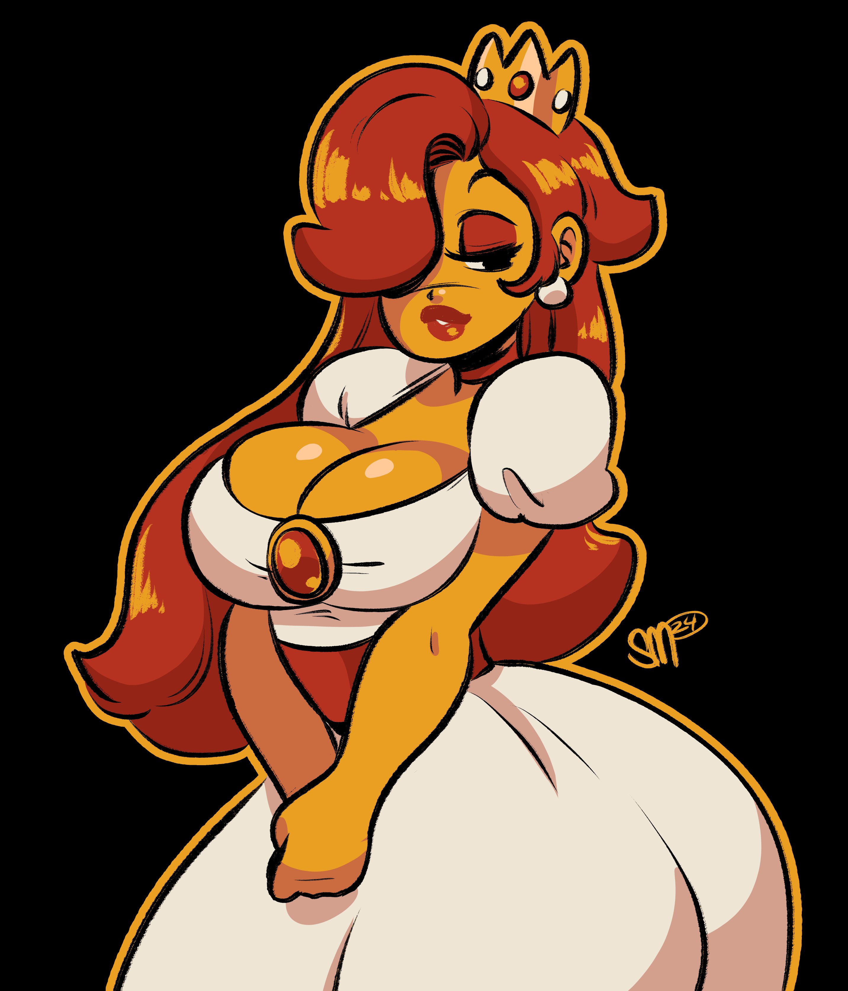 sgtmadness, princess peach, mario (series), nintendo, super mario bros. 1, absurdres, highres, 1girl, alternate skin color, black background, breasts, brown hair, cleavage, colored skin, crown, dress, hair over one eye, large breasts, long hair, meme, official alternate costume, official alternate hairstyle, orange outline, orange skin, outline, princess toadstool redraw (meme), short sleeves, simple background, solo, white dress