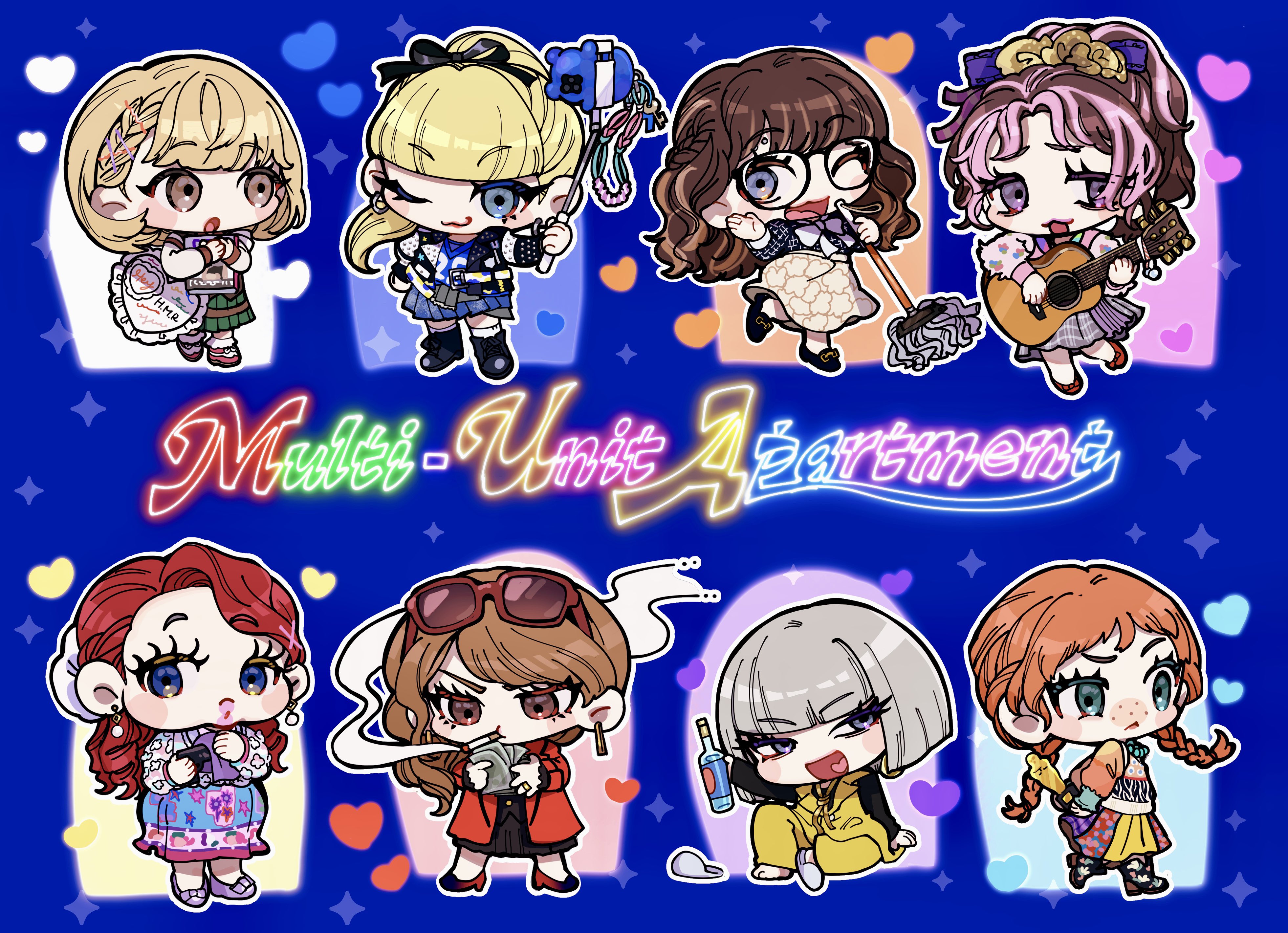 absurdres, clothing request, commentary, english commentary, highres, 6+girls, :<, :d, :o, :t, ;3, acoustic guitar, angel (multi-unit apartment), arm up, arms behind back, asymmetrical bangs, asymmetrical hair, ava (multi-unit apartment), banknote, bead necklace, beads, belted jacket, black-framed eyewear, black boots, black ribbon, black shirt, black shoes, black skirt, blonde hair, blue background, blue eyes, blue shirt, blue skirt, blunt bangs, blunt ends, blush stickers, bob cut, book, boots, bottle, bow, bowtie, braid, braided bangs, brown eyes, brown hair, brown skirt, cellphone charm, charm (object), chibi, chibi only, cigarette, cleaning gun, coat, cocked eyebrow, coco (multi-unit apartment), copyright name, counting money, cowboy boots, curly hair, curtained hair, earrings, everyone, eyebrow piercing, eyelashes, eyewear on head, face piercing, freckles, frilled bag, frilled socks, frills, full body, glasses, gold earrings, gold ring, gold scrunchie, green eyes, green skirt, grey skirt, guitar, gun, hair ornament, hair over shoulder, hair ribbon, hairpin, half up braid, half updo, hand on own hip, hand up, handkerchief, hannah (multi-unit apartment), heart, heart-shaped bag, high ponytail, holding, holding book, holding bottle, holding gun, holding money, holding mop, holding trophy, holding weapon, hoop earrings, instrument, isabella (multi-unit apartment), jacket, jersey, jewelry, key, keyring, knee up, kneehighs, lace-up boots, lapels, leather, leather jacket, legs apart, lillian (multi-unit apartment), long hair, long sleeves, looking at another, looking at viewer, looking to the side, low block heels, mature eyes, medium skirt, money, mop, mouth hold, multi-unit apartment, multicolored hair, multicolored jacket, multicolored shoes, multiple girls, music, necklace, neon lights, notched lapels, omt 8mt, one eye closed, open clothes, open coat, open jacket, open mouth, orange hair, orange shirt, outline, own hands together, pale skin, pants, parted bangs, pearl earrings, piercing, pink hair, pink shirt, plaid clothes, plaid skirt, playing guitar, playing instrument, pleated skirt, plump, ponytail, puffy cheeks, purple eyes, purple shoes, raised eyebrows, raised inner eyebrows, red-framed eyewear, red coat, red hair, red shoes, ribbon, ring, round eyewear, selfie stick, shirt, shoes, short bangs, short hair, silver earrings, singing, single bare foot, single slipper, sitting, skirt, sleeve cuffs, slippers, smile, smoking, socks, sparkle, standing, standing on one leg, straight hair, streaked hair, sunglasses, swept bangs, tareme, trophy, twin braids, two-tone jacket, two-tone shoes, unworn slippers, v-shaped eyebrows, vest, vivi (multi-unit apartment), wavy hair, weapon, wedding ring, white bag, white bow, white bowtie, white hair, white outline, white shirt, white slippers, white socks, yellow pants, yellow shirt, zoe (multi-unit apartment)