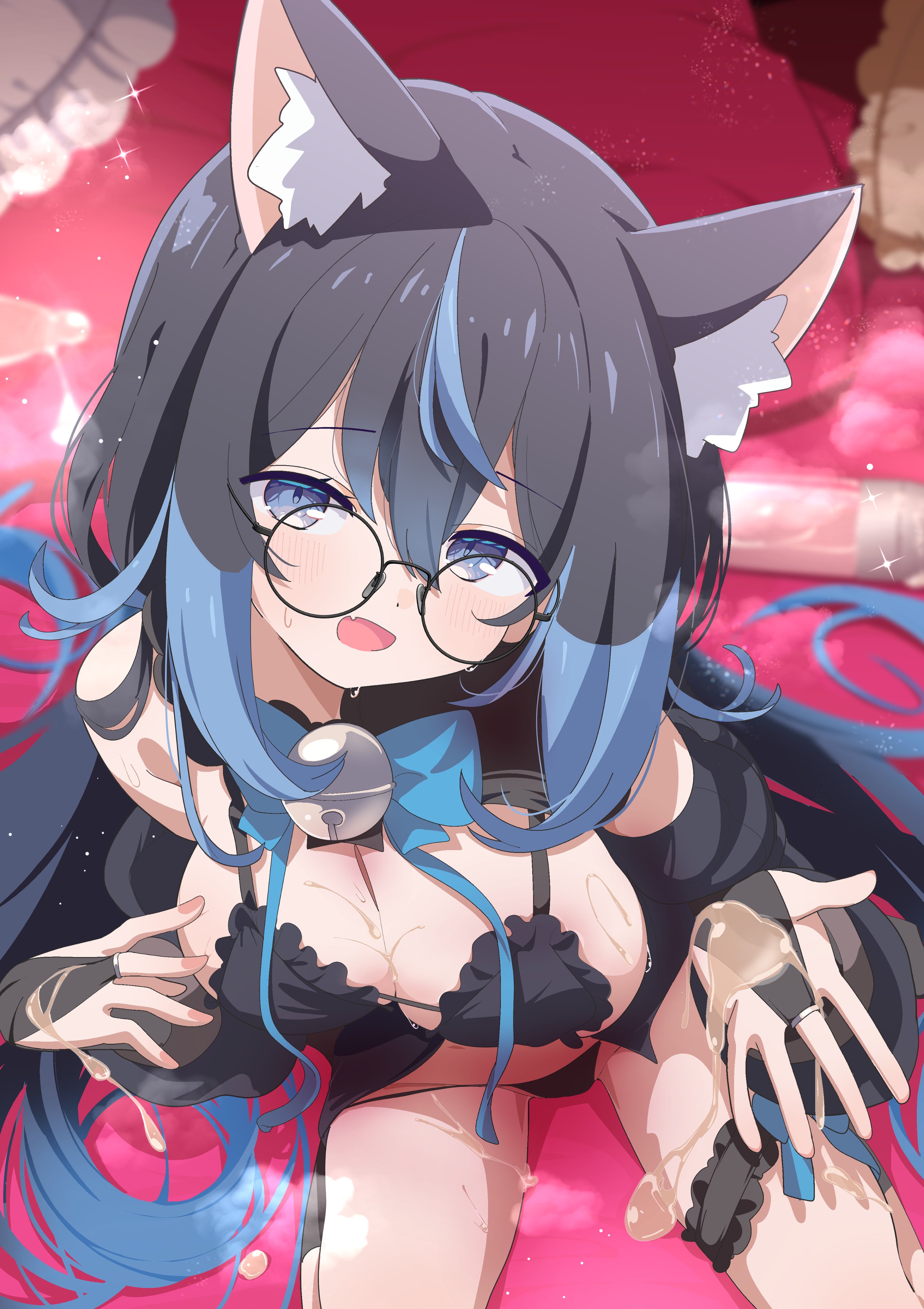 shiro9jira, original, absurdres, commission, highres, skeb commission, 1girl, animal ear fluff, animal ears, bell, black bra, black hair, black panties, blue eyes, blue hair, bow, bra, breasts, bridal gauntlets, cum, cum on body, cum on hands, dildo, fang, glasses, large breasts, long hair, looking at viewer, multicolored hair, neck bell, open mouth, panties, sex toy, skin fang, solo, streaked hair, underwear, virtual youtuber