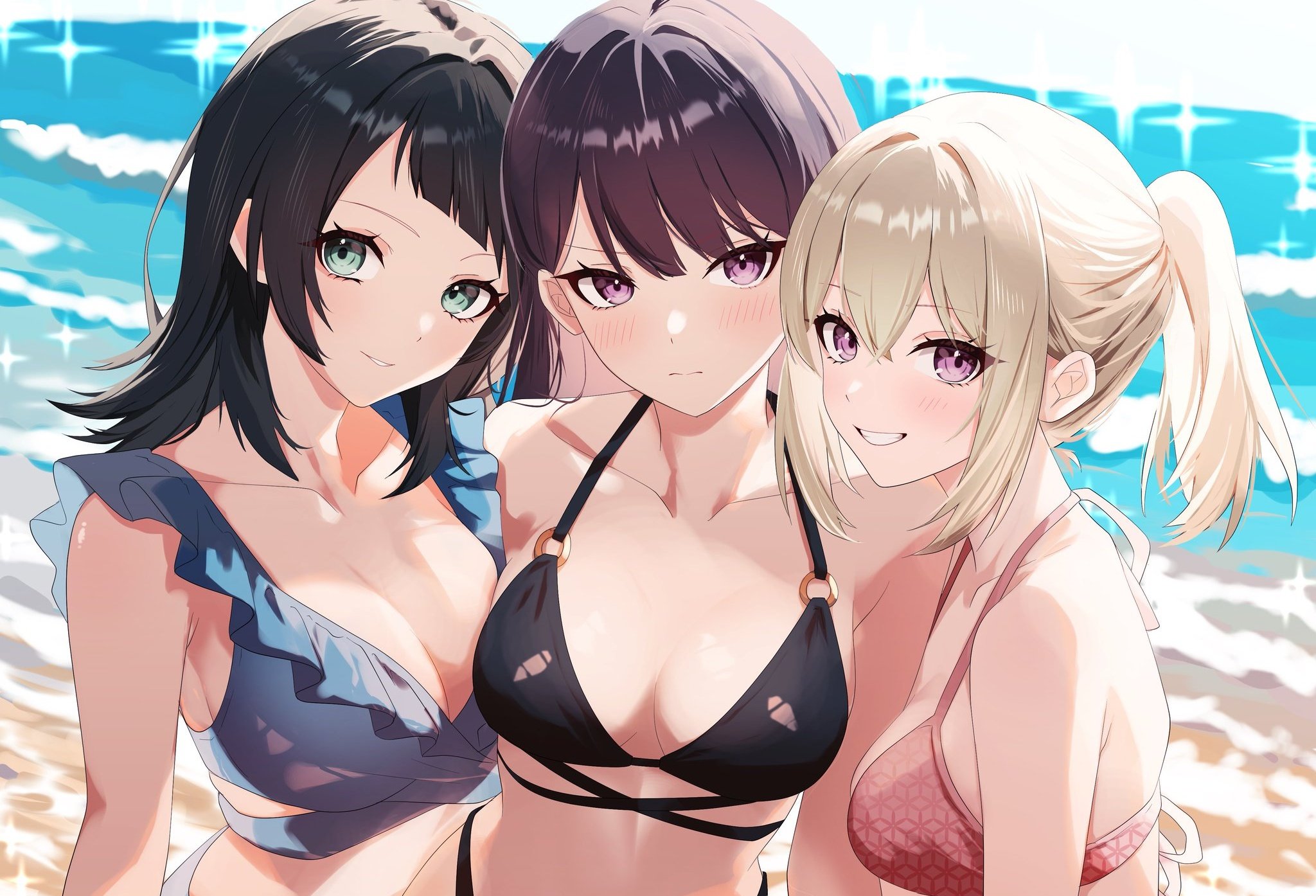 houji tea latte, misumi uika, shiina taki, yahata umiri, bang dream!, bang dream! it's mygo!!!!!, commentary, hashtag-only commentary, highres, 3girls, bikini, black bikini, blonde hair, blue bikini, blush, breasts, closed mouth, medium breasts, medium hair, multiple girls, open mouth, ponytail, purple eyes, red bikini, swimsuit, upper body