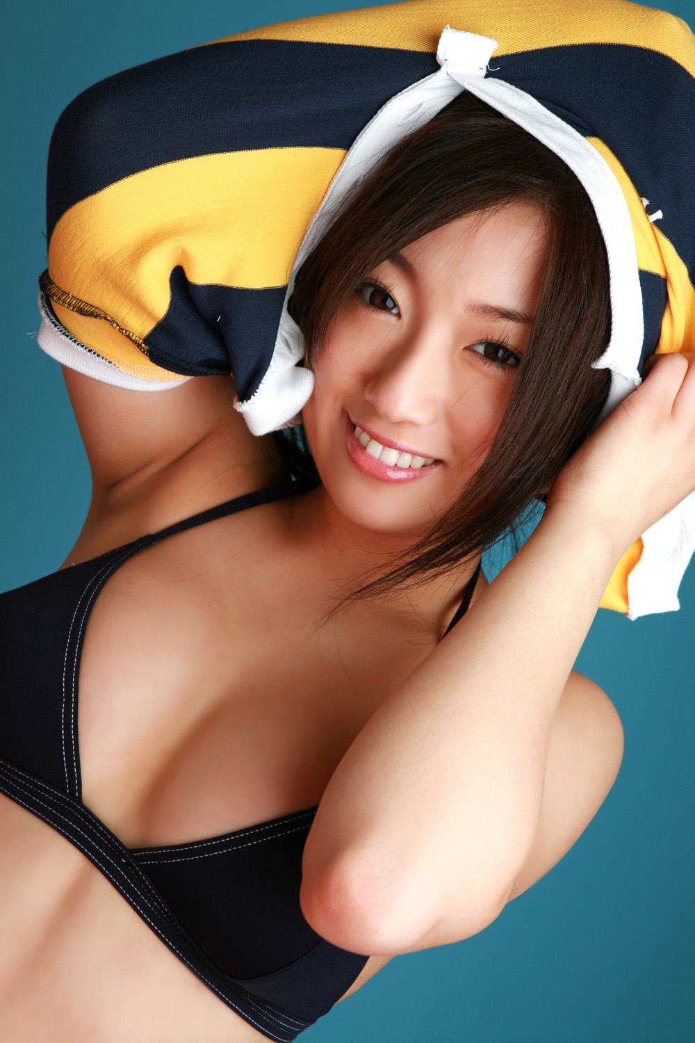 ootomo sayuri, striped, highres, photo (medium), bikini, bikini top only, clothes lift, polo shirt, shirt lift, swimsuit