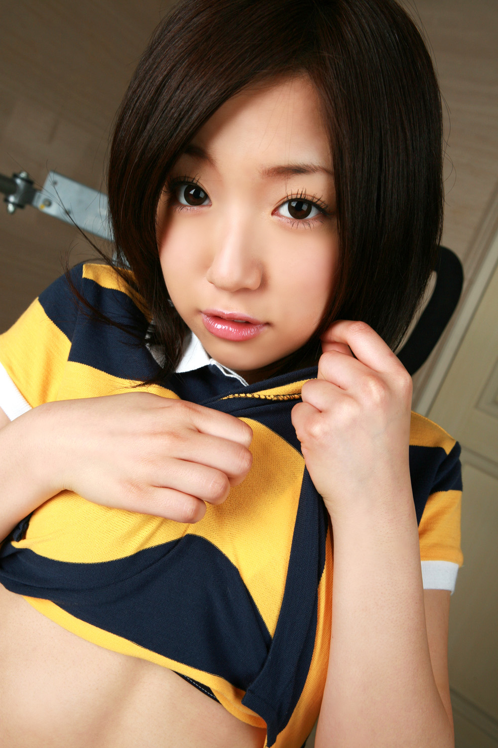 ootomo sayuri, striped, highres, photo (medium), tagme, clothes lift, polo shirt, shirt lift