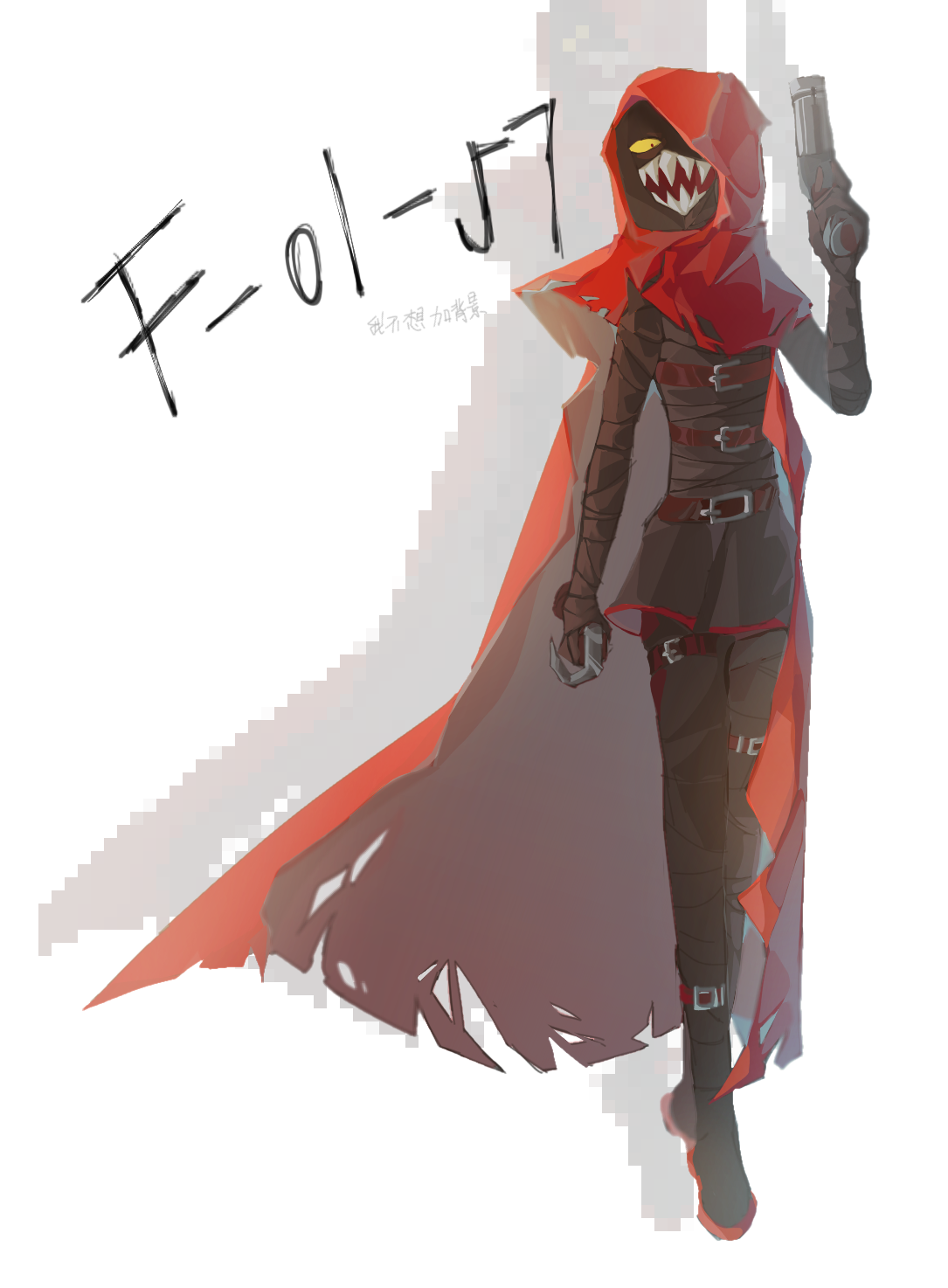 little red riding hooded mercenary, lobotomy corporation, project moon, highres, 1girl, ankle belt, belt, belt buckle, black bodysuit, bodysuit, buckle, cape, chest belt, colored sclera, face in shadow, full body, gun, hand up, handgun, holding, holding gun, holding sickle, holding weapon, hood, hooded cape, leg belt, pipixia50517, pixelated, red belt, red cape, red hood, sharp teeth, simple background, solo, teeth, torn cape, torn clothes, walking, weapon, white background, yellow sclera, zoom layer
