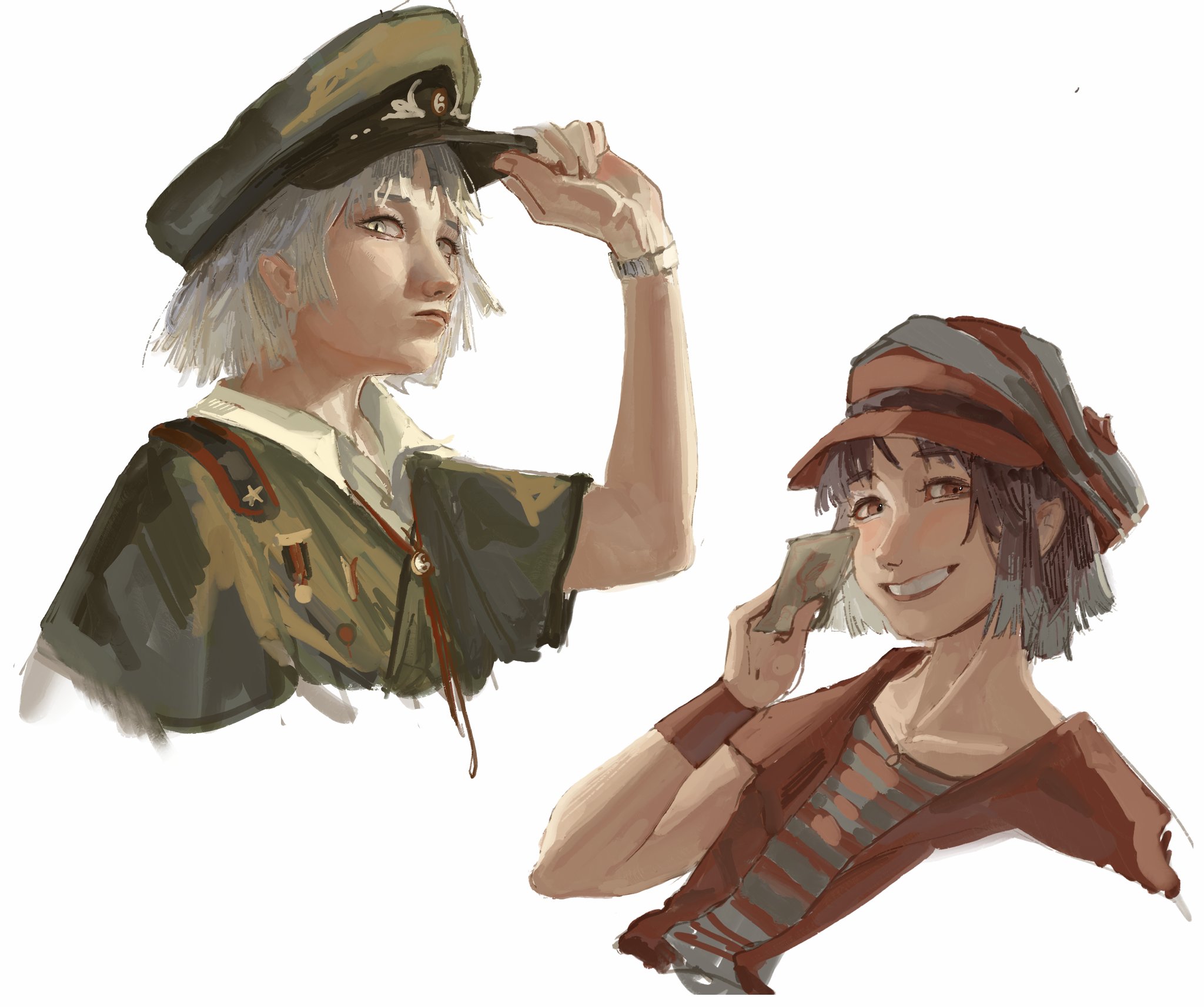 hatsburg, fujiwara no shirogane no sanra, senri haiji, len'en, highres, 2others, androgynous, blue hair, blue shirt, blunt ends, brooch, brown hat, brown jacket, brown shirt, brown wrist cuffs, card, closed mouth, collarbone, collared shirt, colored tips, cropped torso, dress, expressionless, green dress, green hat, grin, hand on headwear, happy, hat, holding, holding card, jacket, jewelry, lips, looking at viewer, medal, military hat, military uniform, multicolored hair, multiple others, neck ribbon, newsboy cap, open clothes, open jacket, other focus, parted bangs, peaked cap, pink eyes, realistic, red ribbon, ribbon, shirt, shirt under dress, short hair, short sleeves, simple background, smile, spell card, striped clothes, striped headwear, striped shirt, two-tone shirt, watch, white background, white eyes, white hair, white shirt, wing print, wrist cuffs, wristwatch, yin yang, yin yang print