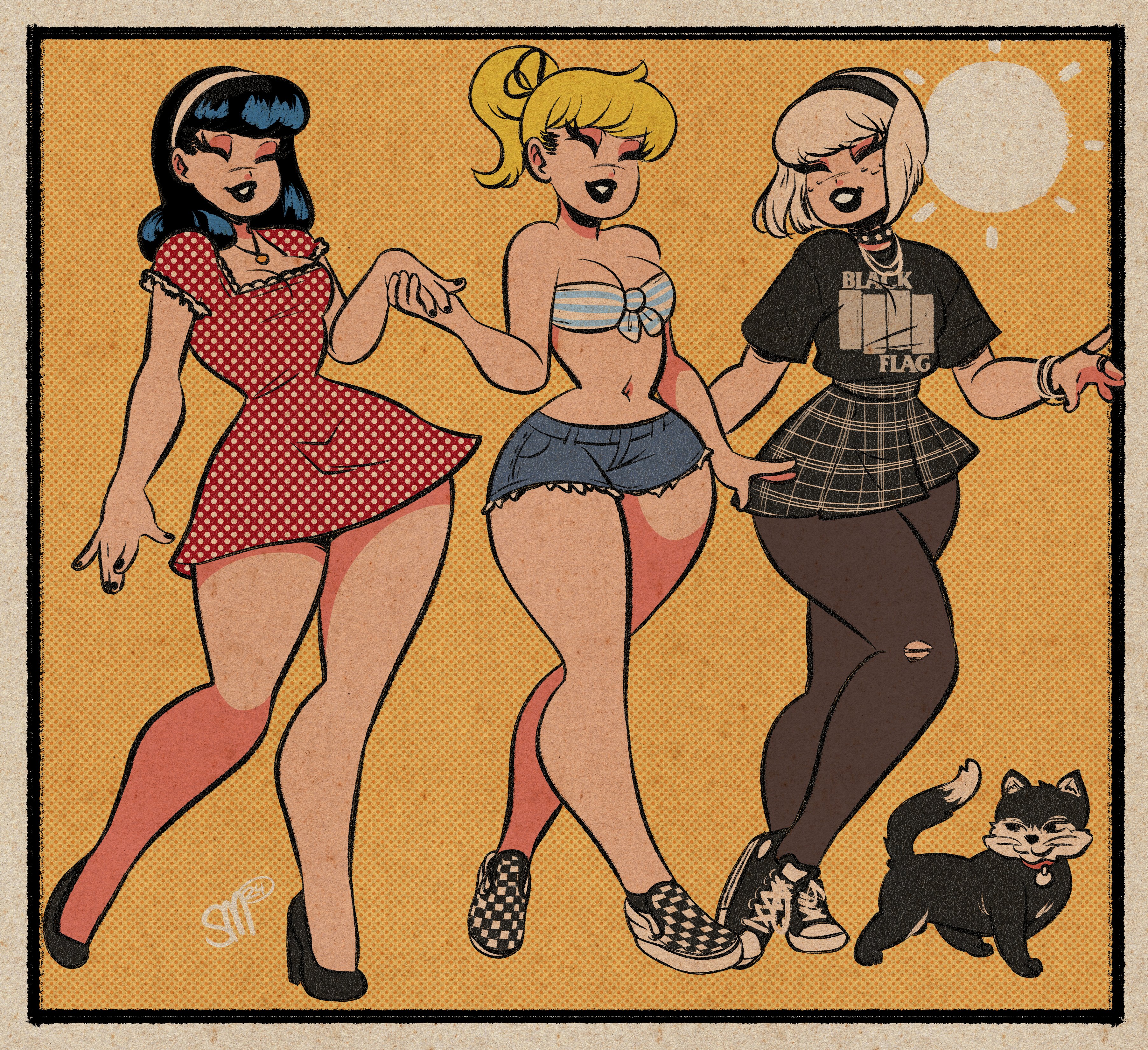 sgtmadness, betty cooper, sabrina spellman, veronica lodge, sabrina the teenage witch, absurdres, highres, 3girls, archie (comic), black hair, black pantyhose, black shirt, black shoes, black skirt, blonde hair, blue shorts, border, cat, checkered shoes, dan decarlo (style), denim, denim shorts, dress, high heels, multicolored shoes, multiple girls, orange background, outside border, pantyhose, plaid clothes, plaid skirt, polka dot, polka dot dress, red dress, retro artstyle, salem saberhagen, shirt, shoes, short shorts, shorts, skirt, two-tone shoes, white border, white hair, white shoes