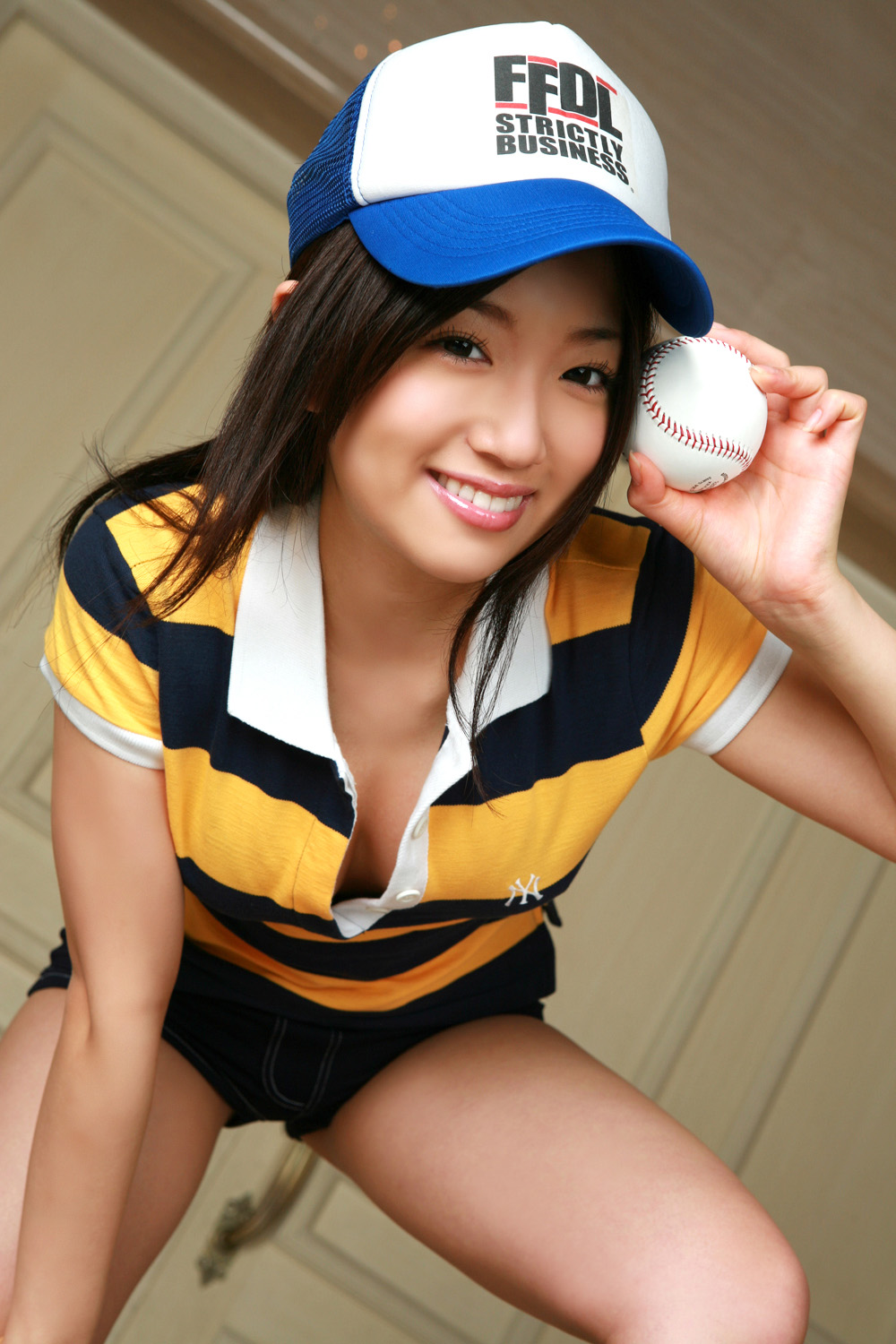 ootomo sayuri, striped, highres, photo (medium), baseball, baseball cap, hat, kneehighs, polo shirt, shorts, socks