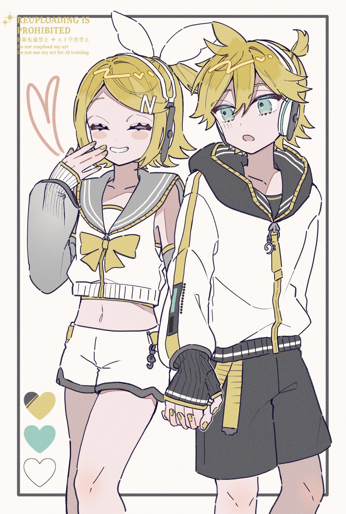 maca1227, kagamine len, kagamine rin, piapro studio, vocaloid, highres, 1boy, 1girl, adapted costume, aqua eyes, belt, black sailor collar, black shorts, black sleeves, blonde hair, blue eyes, bow, bowtie, closed eyes, collarbone, crop top, detached sleeves, grey sailor collar, grey sleeves, grin, hair bow, hair ornament, hairclip, headphones, headset, heart, holding hands, hood, hoodie, jacket, kagamine len (nt), kagamine rin (nt), long sleeves, looking at another, midriff, navel, open mouth, ponytail, sailor collar, shirt, short hair, short ponytail, short shorts, shorts, siblings, sleeveless, sleeveless shirt, smile, standing, swept bangs, twins, white background, white bow, white shorts, yellow bow, yellow nails, zipper