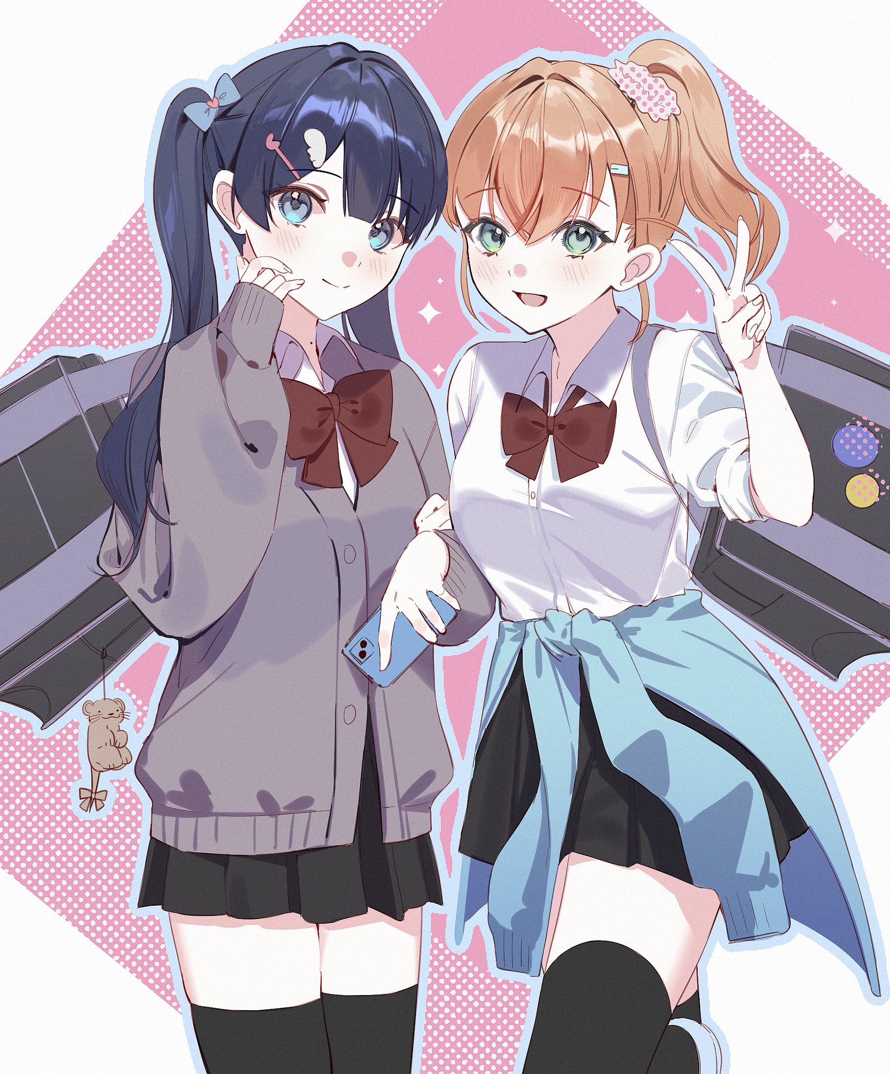 dkou, hinoshita kaho, murano sayaka, link! like! love live!, love live!, commentary, highres, 2girls, :d, alternate costume, animal charm, aqua eyes, bag, black bag, black skirt, black thighhighs, blue bow, blue cardigan, blue eyes, blue hair, blush, bow, bowtie, cardigan, cardigan around waist, cellphone, charm (object), closed mouth, clothes around waist, collared shirt, cowboy shot, dress shirt, grabbing another's arm, grey cardigan, gyaru, hair bow, hair ornament, hairclip, holding, holding phone, iphone, kogal, leg up, long sleeves, looking at viewer, miniskirt, multiple girls, open mouth, orange hair, phone, pink background, pleated skirt, ponytail, rabbit hair ornament, red bow, red bowtie, school bag, school uniform, shirt, sidelocks, skirt, sleeves rolled up, smartphone, smile, split mouth, standing, standing on one leg, thighhighs, v, virtual youtuber, white shirt