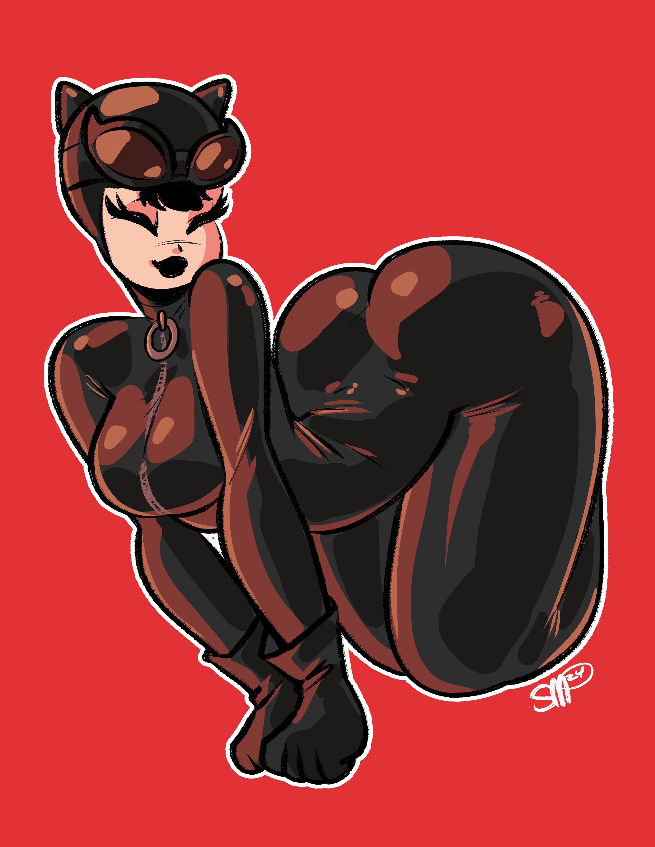 sgtmadness, catwoman, selina kyle, zolo, batman (series), dc comics, absurdres, highres, 1girl, all fours, ass, black bodysuit, black gloves, black hair, black lips, bodysuit, breasts, closed eyes, gloves, goggles, goggles on head, outline, red bodysuit, short hair, simple background, small breasts, solo, white outline