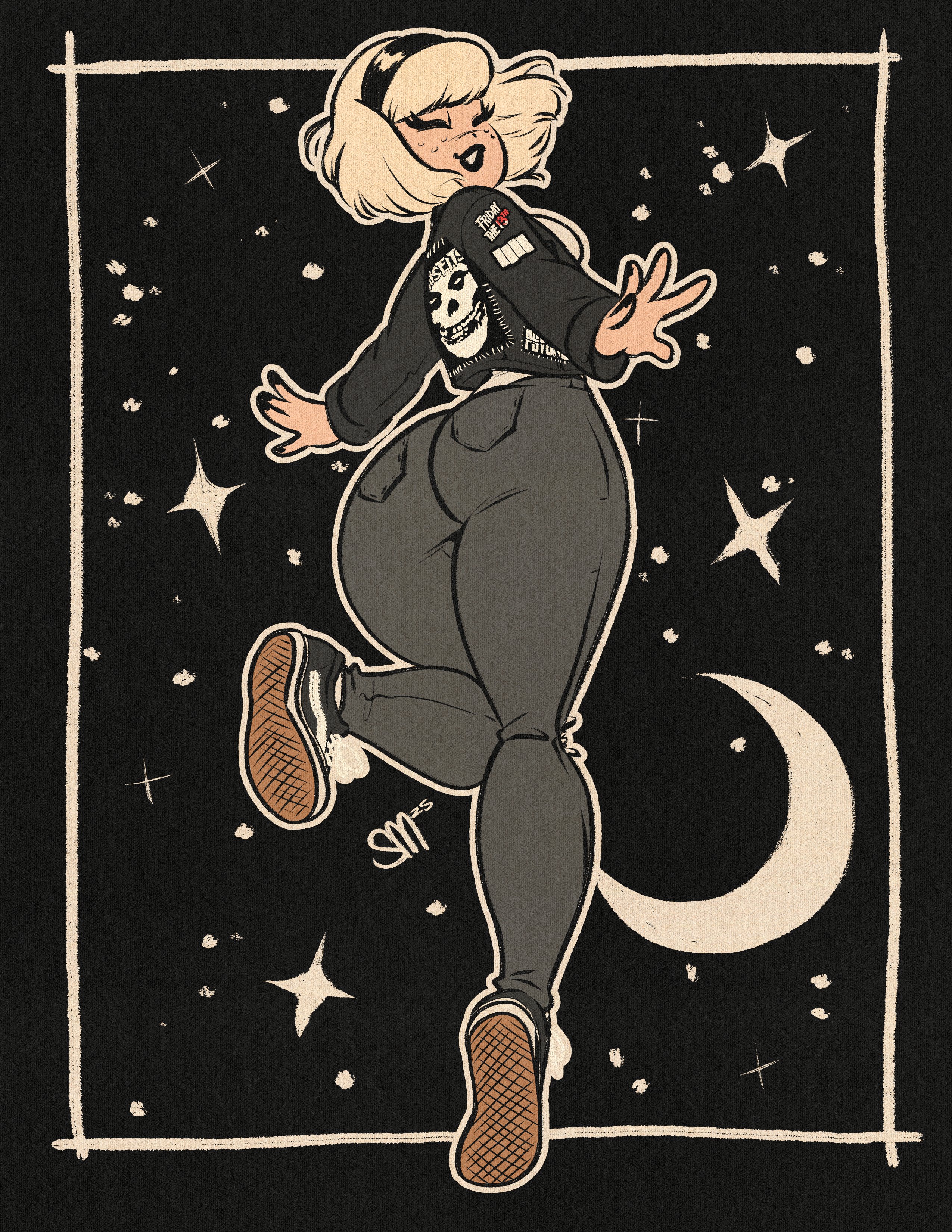 sgtmadness, sabrina spellman, sabrina the teenage witch, absurdres, highres, 1girl, ass, black hairband, black jacket, black pants, black shoes, closed eyes, crescent moon, hairband, jacket, moon, pants, retro artstyle, shoes, short hair, signature, star (symbol), white hair