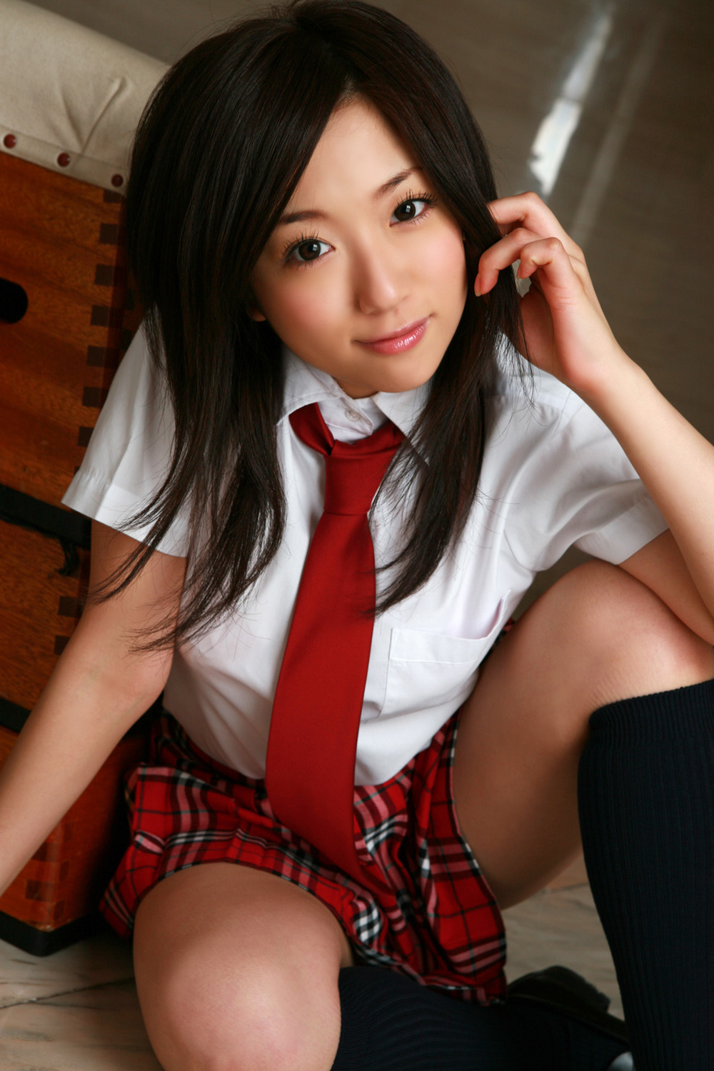 ootomo sayuri, highres, photo (medium), blouse, cosplay, kneehighs, necktie, pleated skirt, school uniform, serafuku, shirt, skirt, socks