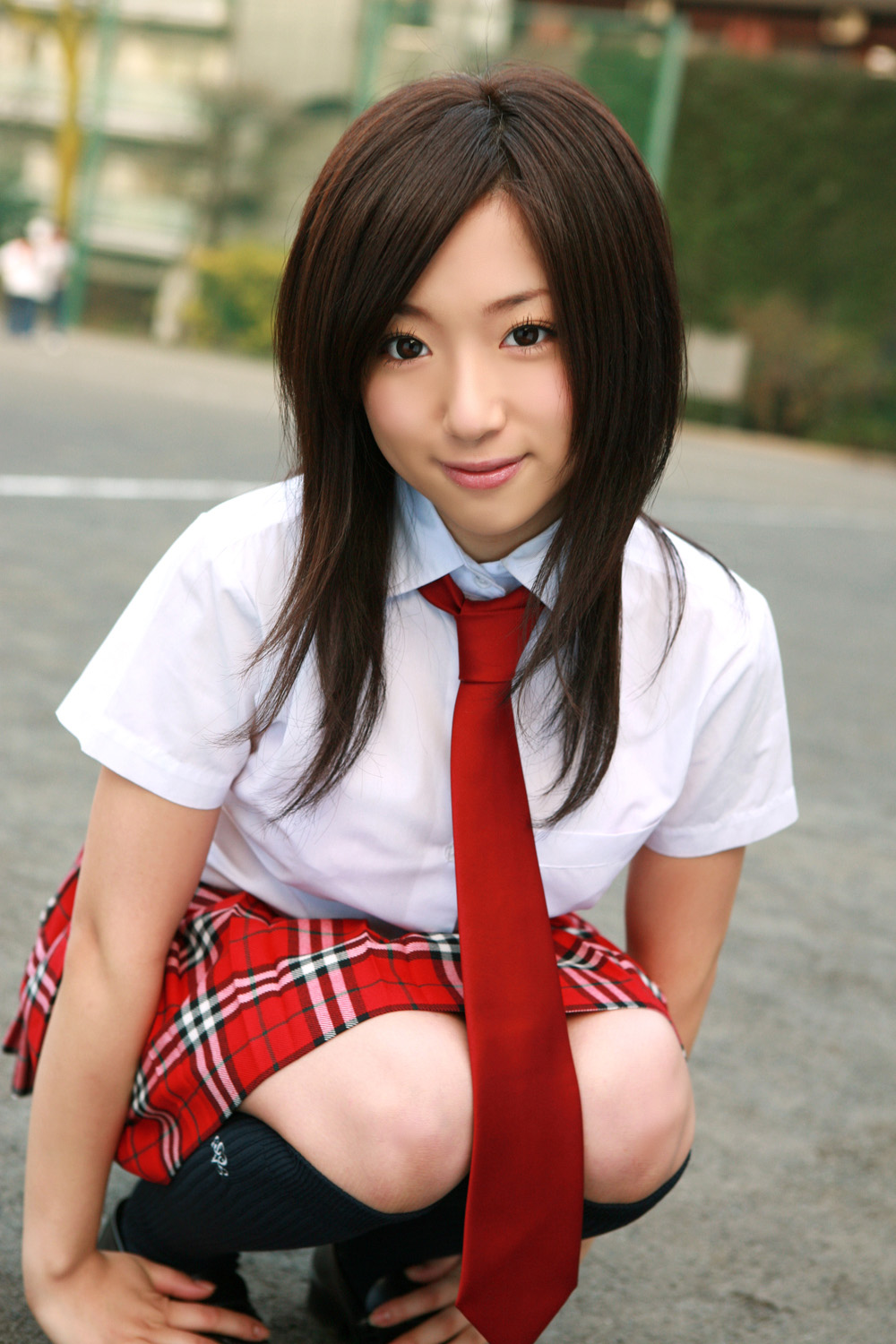 ootomo sayuri, highres, photo (medium), blouse, cosplay, kneehighs, necktie, pleated skirt, school uniform, serafuku, shirt, skirt, socks