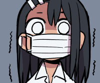 774 (nanashi), nagatoro hayase, ijiranaide nagatoro-san, lowres, official art, 1girl, black hair, earrings, empty eyes, grey background, hair ornament, hairclip, jewelry, long hair, looking at viewer, mask, mouth mask, school uniform, shirt, simple background, single earring, solo, tan, white shirt