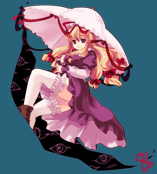chaba (hortensia), yakumo yukari, touhou, bad id, bad pixiv id, 1girl, breasts, dress, female focus, gap (touhou), hat, mob cap, parasol, solo, thighhighs, umbrella, white hat