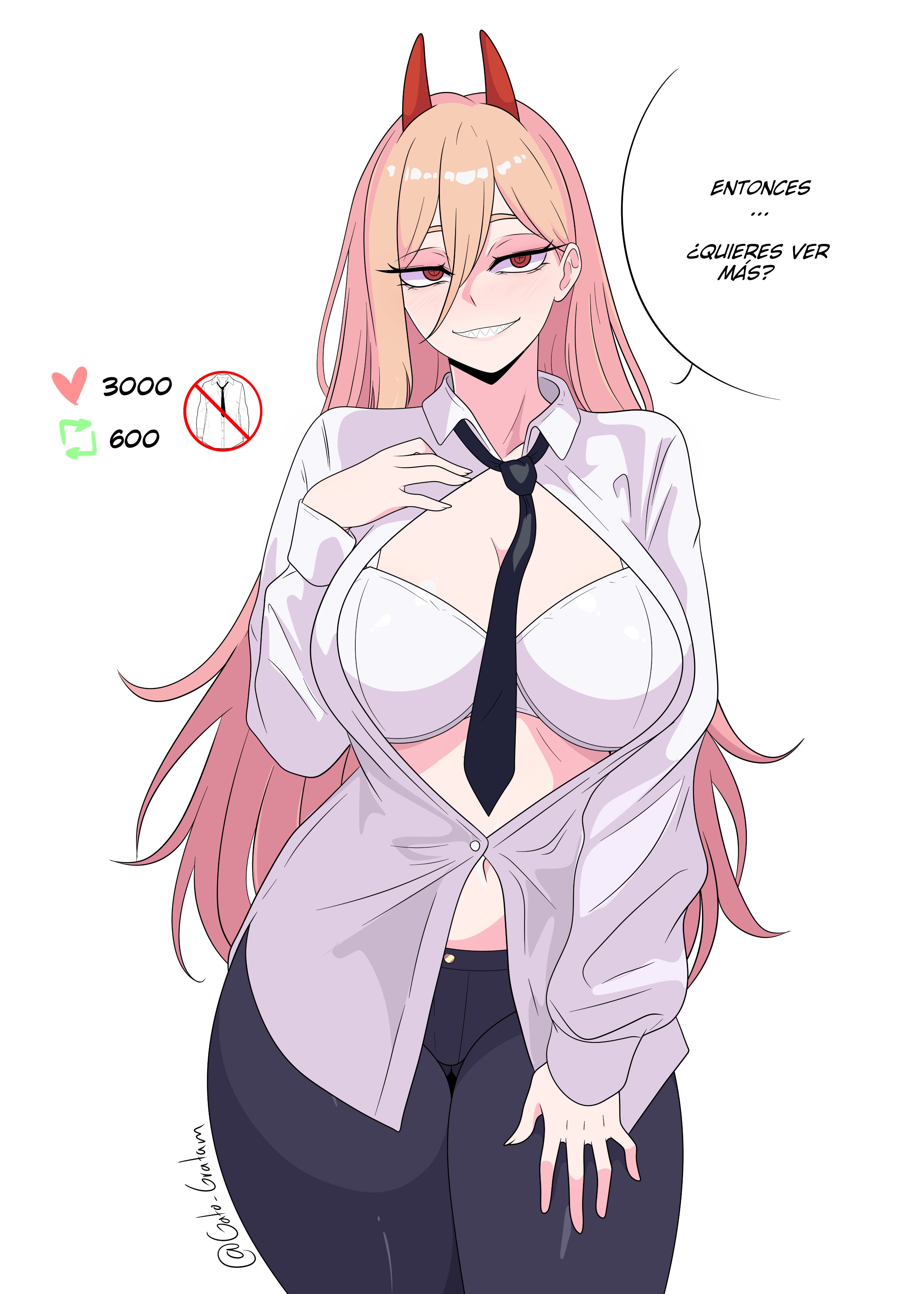 gratam, power (chainsaw man), chainsaw man, absurdres, check translation, highres, translation request, 1girl, black necktie, blonde hair, bra, breasts, cross-shaped pupils, demon horns, hair between eyes, hand on own chest, hand on own thigh, heart, horns, large breasts, long hair, long hair between eyes, looking at viewer, necktie, open clothes, open shirt, pants, parted lips, partially unbuttoned, red eyes, red horns, sharp teeth, shirt, solo, spanish text, speech bubble, symbol-shaped pupils, teeth, twitter strip game, twitter username, underwear, white background, white bra, white shirt