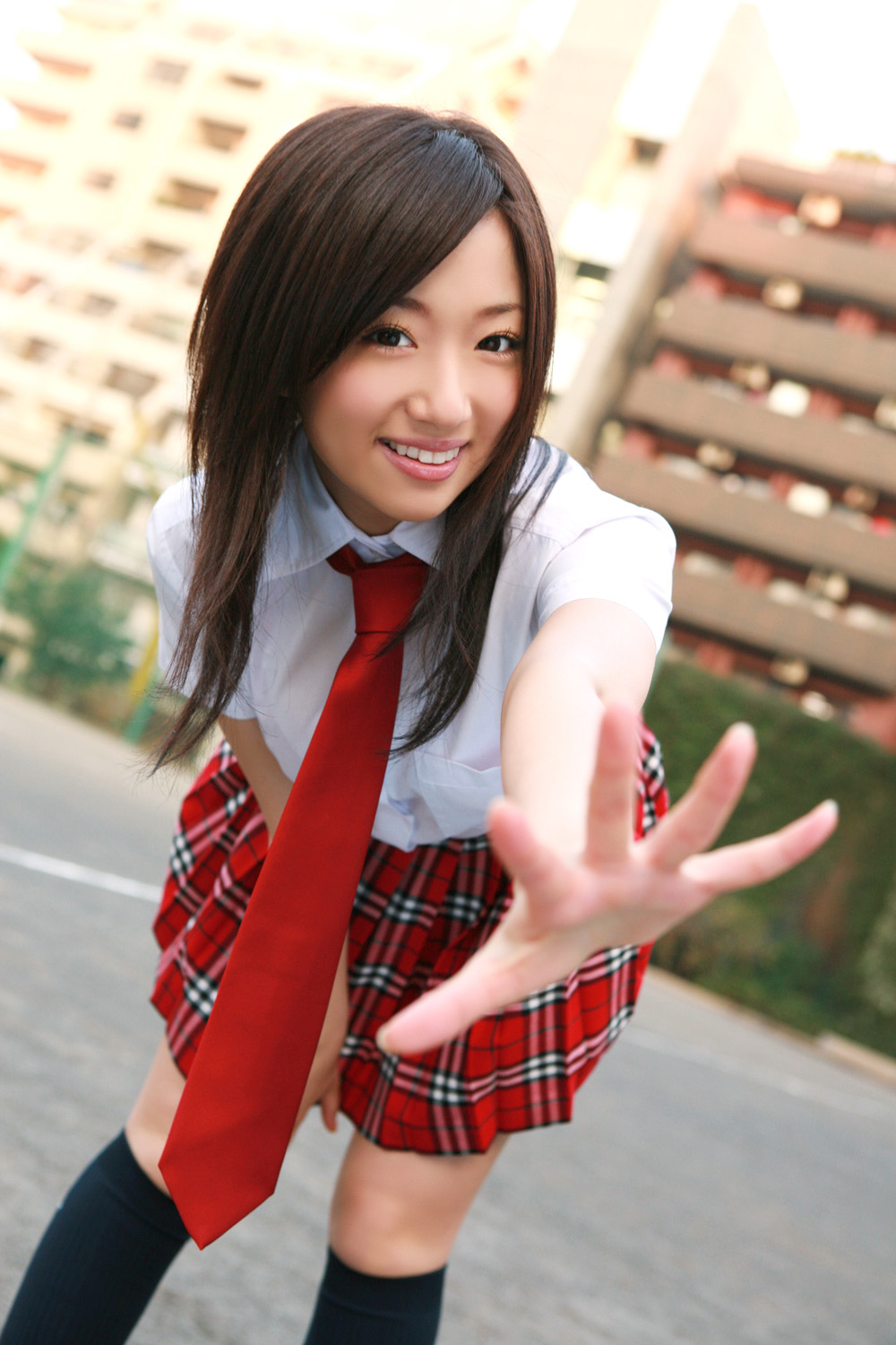 ootomo sayuri, highres, photo (medium), blouse, cosplay, kneehighs, necktie, pleated skirt, school uniform, serafuku, shirt, skirt, socks