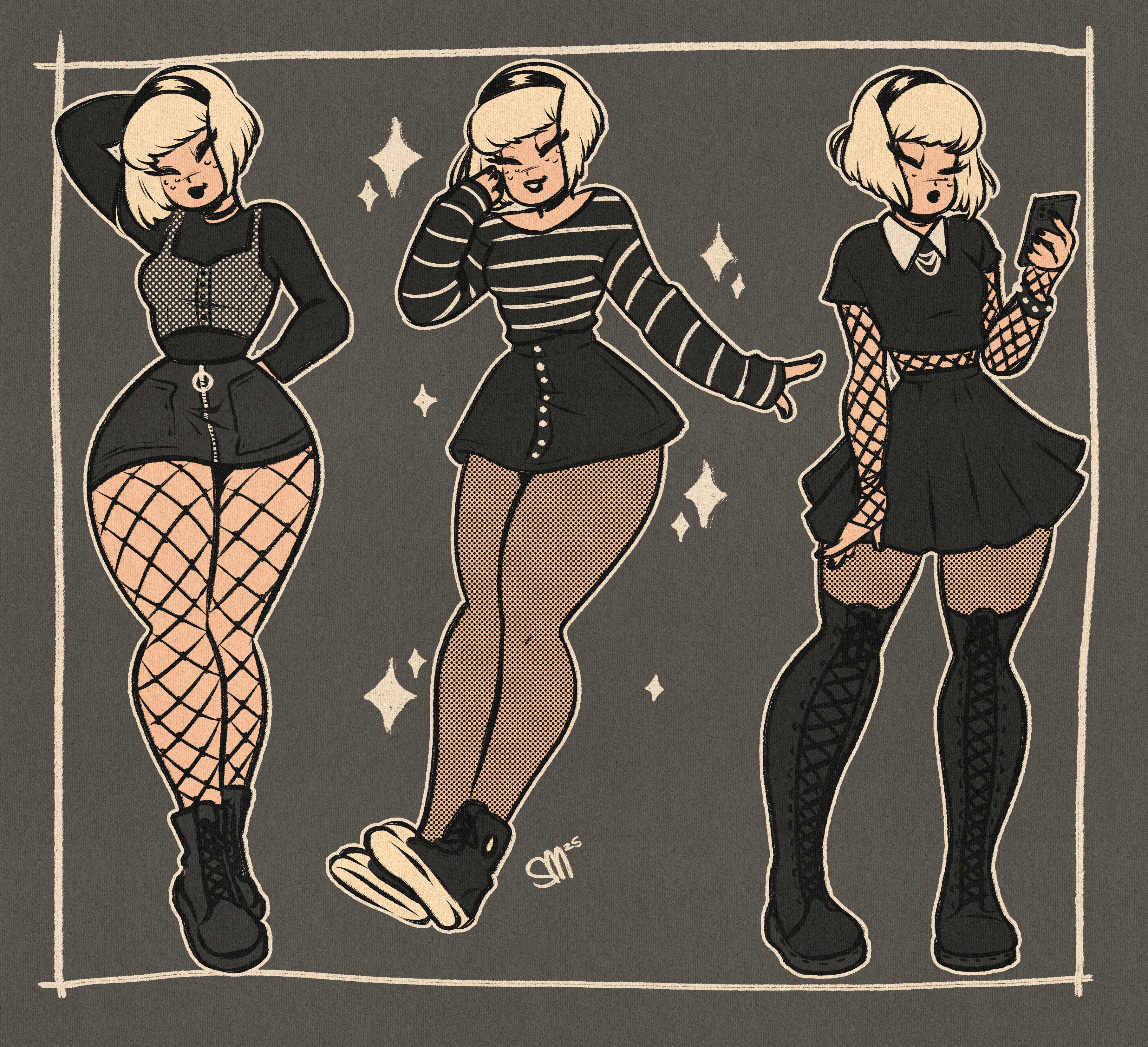 sgtmadness, sabrina spellman, sabrina the teenage witch, absurdres, highres, 1girl, black boots, black hairband, black lips, black shirt, black skirt, boots, cellphone, closed eyes, fishnet pantyhose, fishnets, grey background, hairband, holding, holding phone, multiple views, pantyhose, phone, retro artstyle, shirt, short hair, short sleeves, skirt, smartphone, sparkle, white hair, white shirt