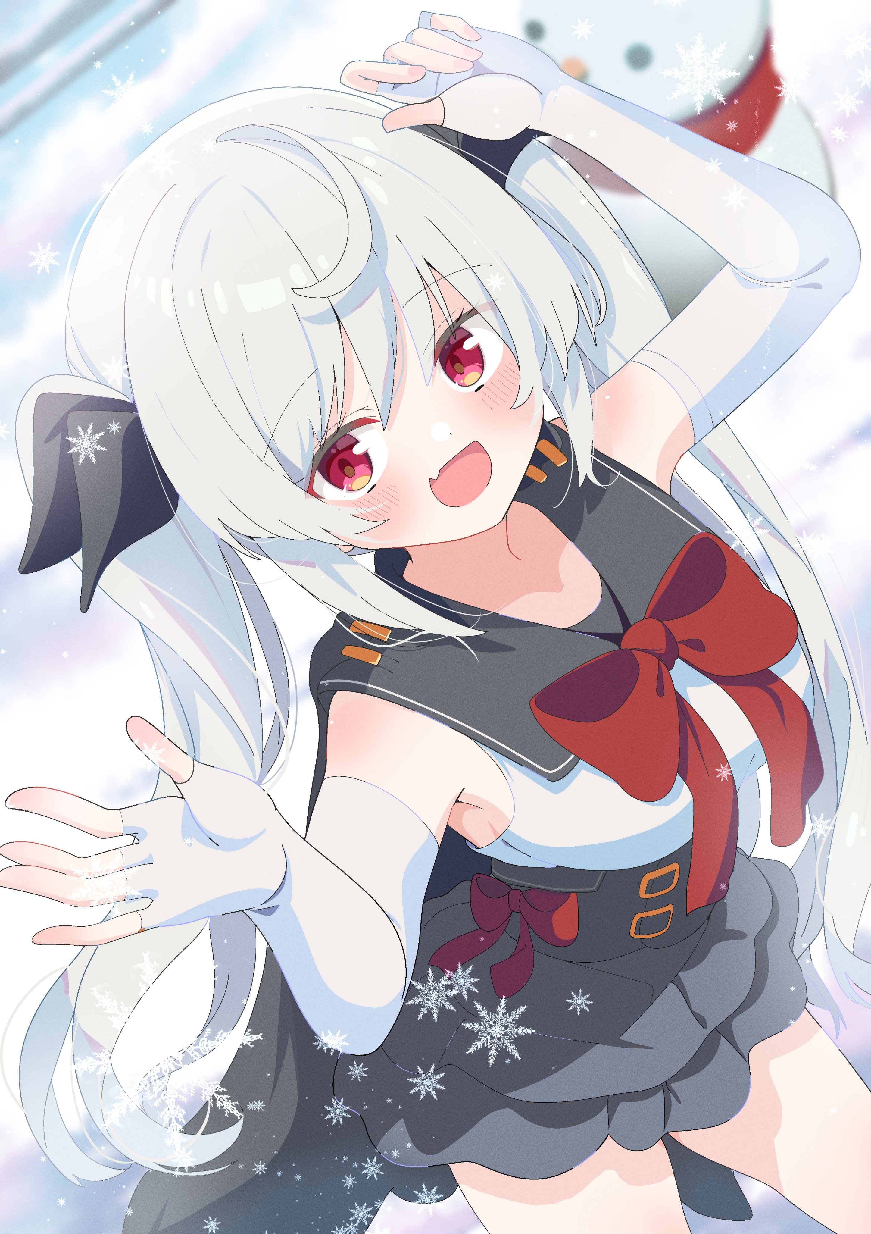 shiro9jira, original, absurdres, highres, 1girl, black sailor collar, black skirt, blush, bow, bowtie, breasts, elbow gloves, fang, fingerless gloves, gloves, long hair, looking at viewer, open mouth, red bow, red bowtie, red eyes, sailor collar, shirt, skin fang, skirt, sleeveless, sleeveless shirt, smile, snowflakes, solo, twintails, white gloves