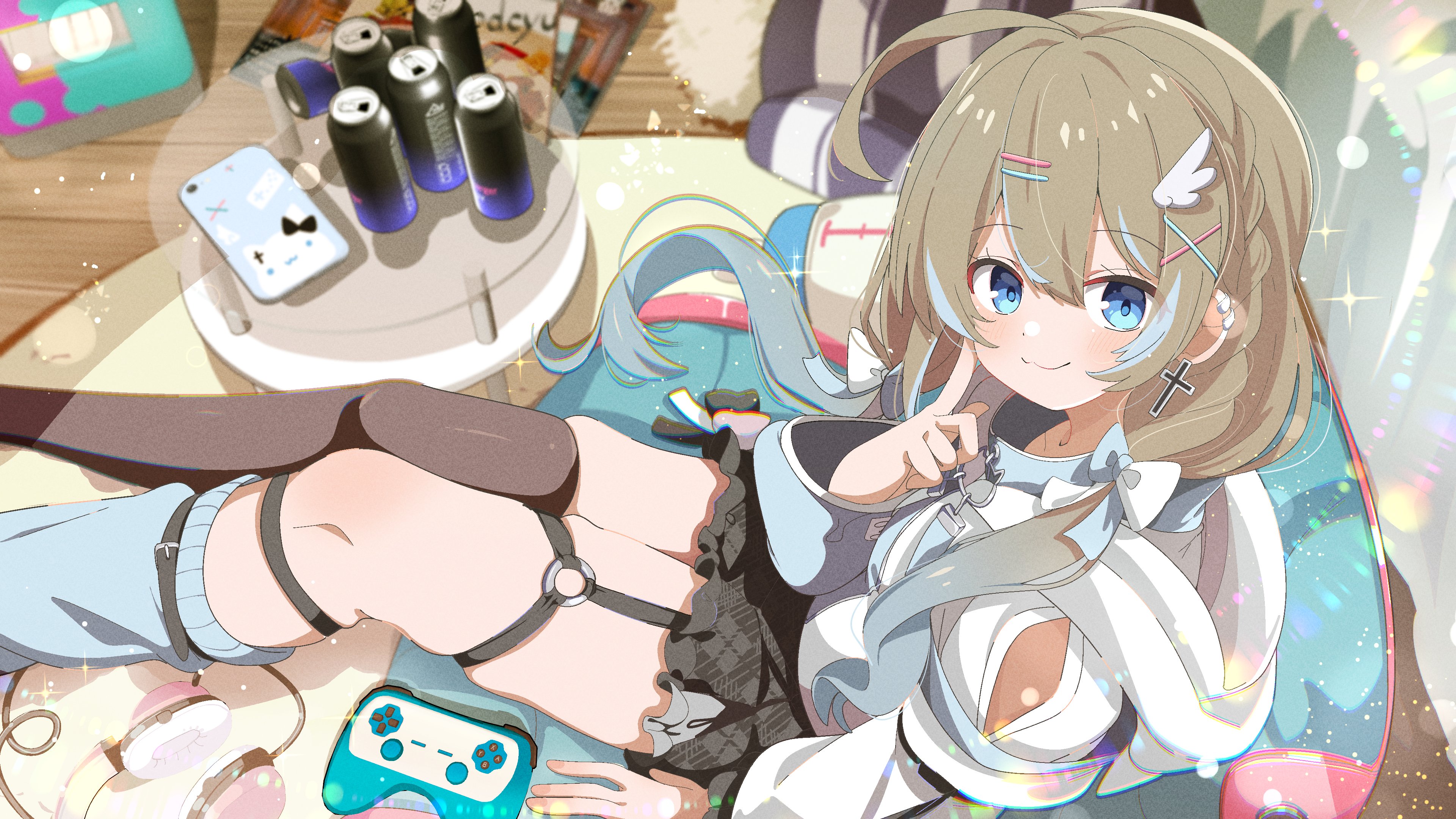 shiro9jira, original, absurdres, commission, highres, skeb commission, 1girl, :3, ahoge, asymmetrical legwear, black skirt, blue eyes, blurry, blush, bow, brown hair, can, closed mouth, controller, finger to cheek, hair bow, hair ornament, hairclip, hood, hoodie, indoors, long hair, long sleeves, looking at viewer, low twintails, multicolored hair, nintendo switch, single sock, single thighhigh, sitting, skindentation, skirt, smile, socks, solo, table, thigh strap, thighhighs, twintails, virtual youtuber