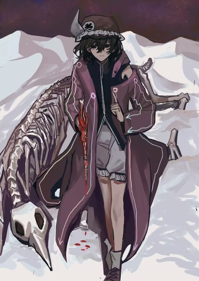 shitodo kuroji, len'en, artist request, commission, second-party source, 1other, animal skeleton, ankle socks, arrow print, baggy shorts, bare legs, black eyes, black hair, black hat, blood, blood drip, blood trail, bone, closed mouth, clothing cutout, coattails, cross-laced shoes, expressionless, fossil, frilled headwear, frilled shorts, frills, full body, grey socks, hair between eyes, hat, hood, hood down, hooded jacket, jacket, knees, long sleeves, melting, mob cap, mountain, night, night sky, open clothes, open jacket, outdoors, purple jacket, purple shoes, shoes, short hair, shorts, shoulder cutout, single bare shoulder, sky, snow, socks, solo, triangular headpiece, walking, white shorts, wide sleeves
