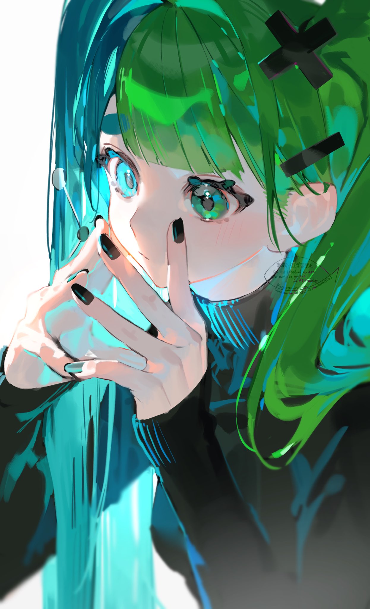 mizumi zumi, copyright request, highres, 1girl, black nails, blue eyes, breasts, fingernails, green hair, heterochromia, long hair, long sleeves, multicolored hair, nail polish, simple background, solo