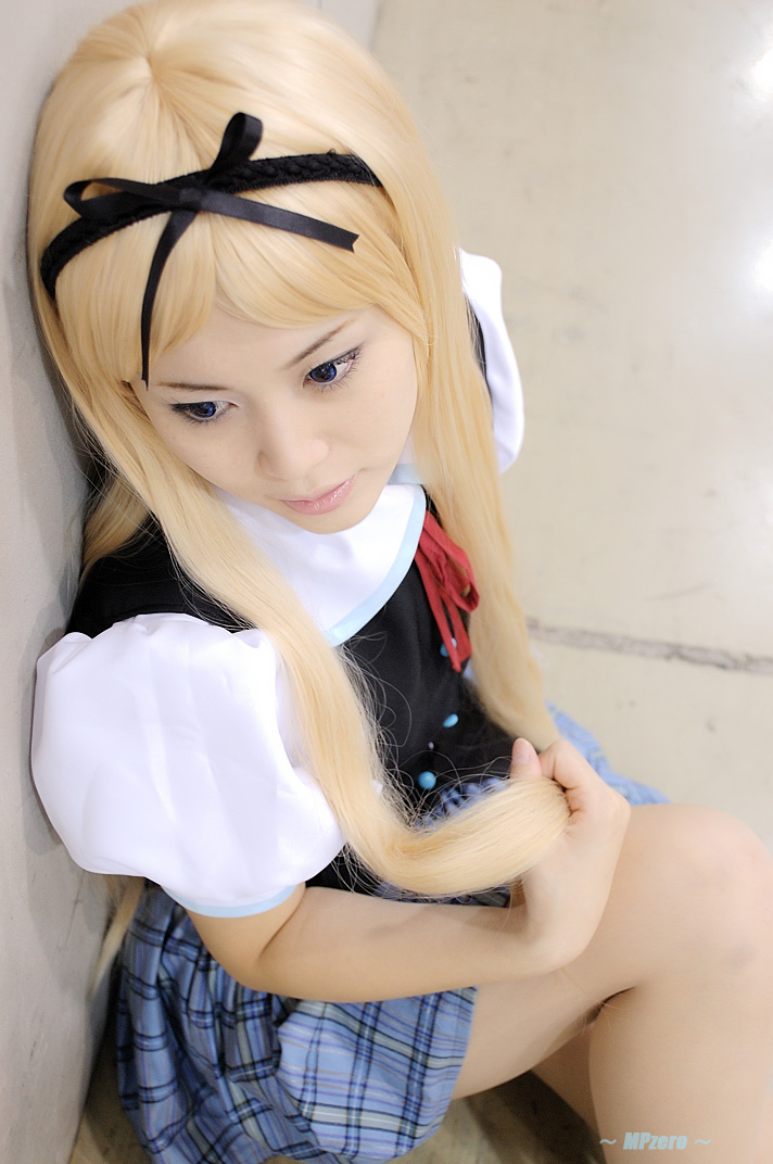 character request, photo (medium), source request, blonde hair, blouse, cosplay, hairband, kikiwan, pleated skirt, school uniform, serafuku, shirt, skirt, vest