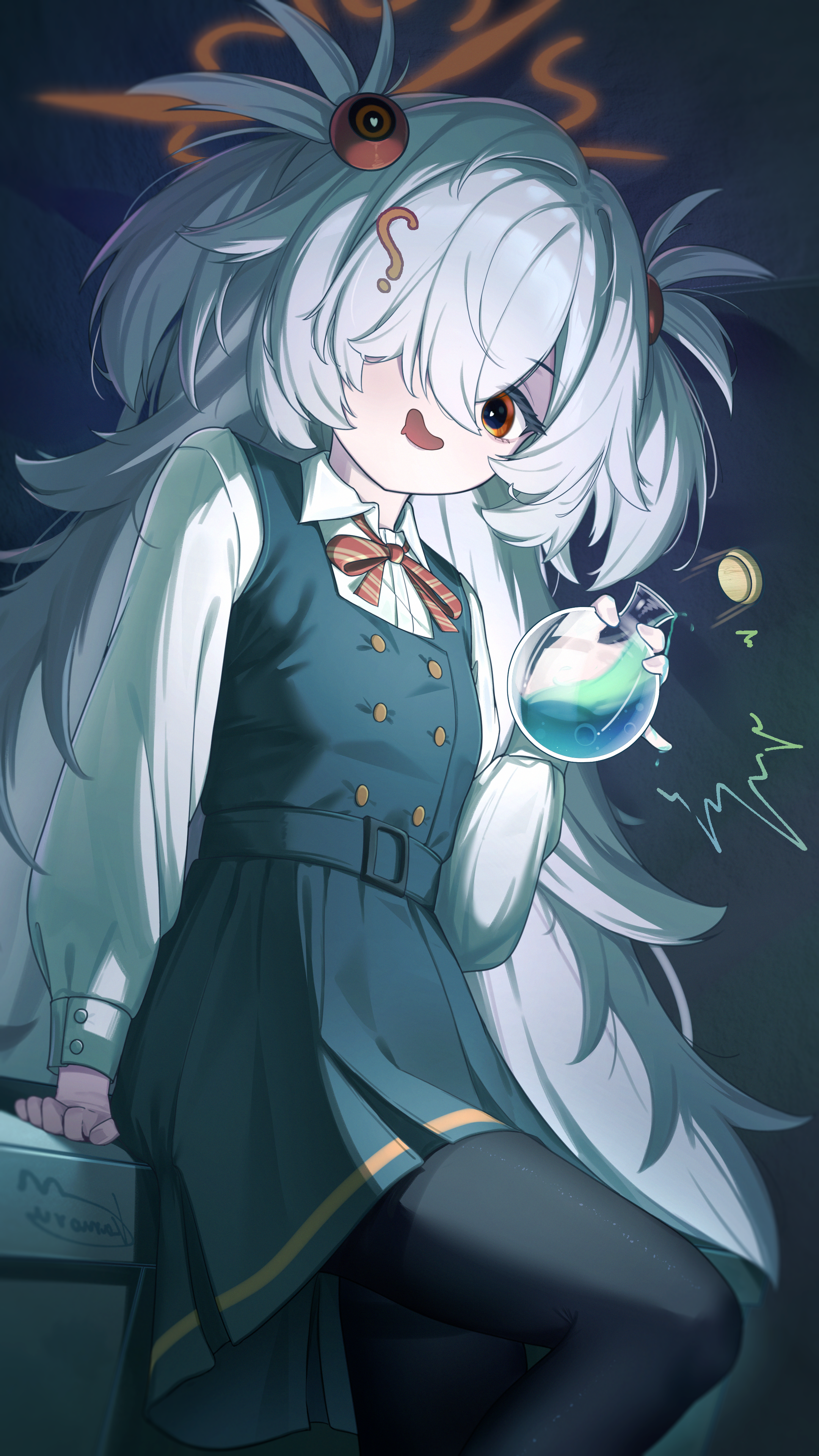 kamory, kanoe (blue archive), blue archive, absurdres, highres, 1girl, black dress, black pantyhose, blue dress, bow, breasts, bright pupils, brown halo, buttons, collared shirt, diagonal-striped ribbon, dress, flask, grey background, grey hair, hair ornament, hair over one eye, halo, hand on table, holding, holding flask, long hair, long sleeves, messy hair, multicolored eyes, one eye closed, orange eyes, pale skin, pantyhose, pinafore dress, potion, puffy long sleeves, puffy sleeves, red ribbon, ribbon, shirt, short twintails, sleeveless, sleeveless dress, small breasts, solo, spiked hair, twintails, two-tone eyes, wavy mouth, white shirt
