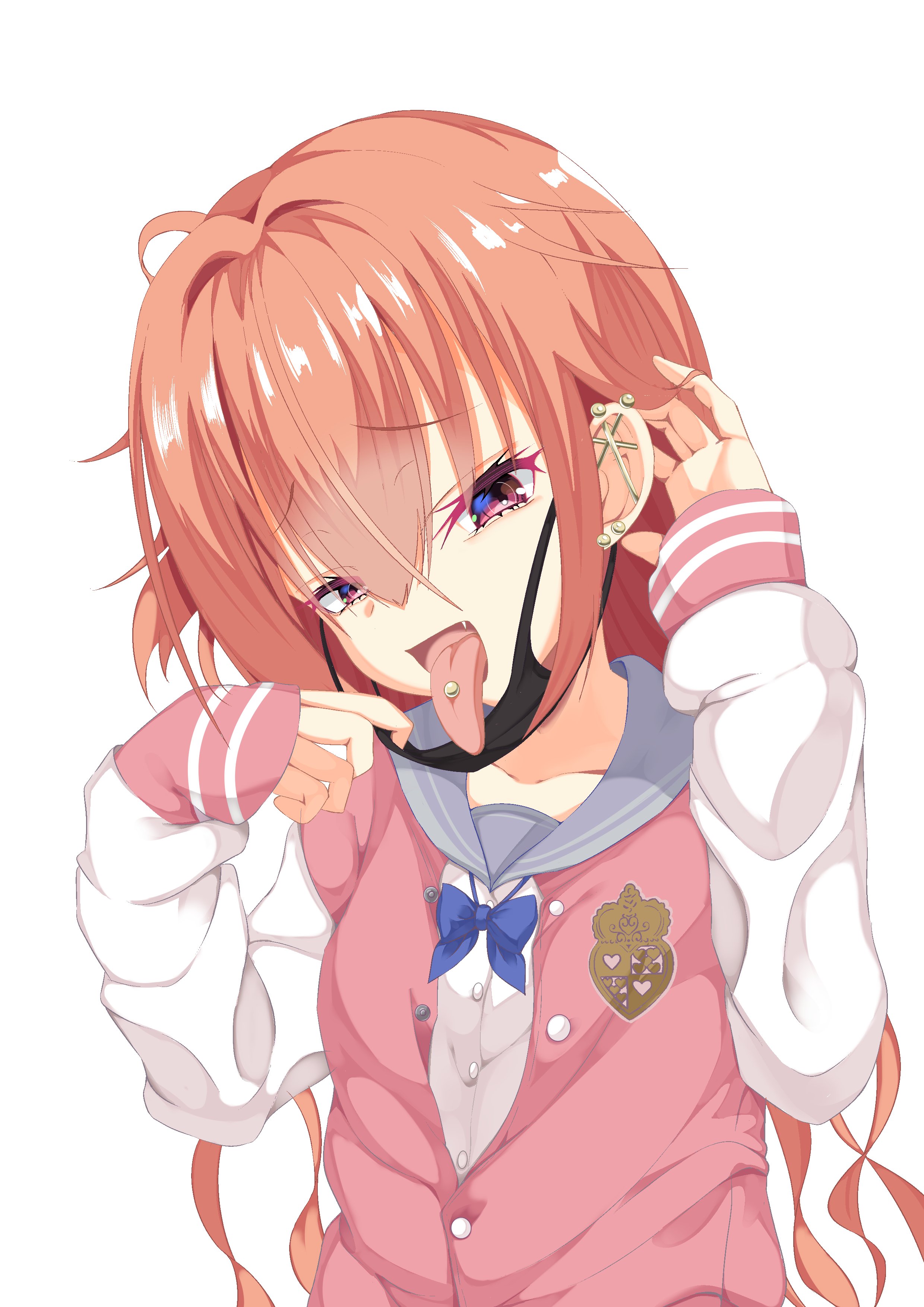 ju3cxqko75m199r, inaba meguru, sanoba witch, absurdres, commentary request, commission, highres, skeb commission, 1girl, adjusting hair, barbell piercing, blue bow, blue bowtie, bow, bowtie, collarbone, ear piercing, eyelashes, eyes visible through hair, fang, furrowed brow, grey sailor collar, hair behind ear, hair between eyes, hair intakes, hands up, industrial piercing, jacket, letterman jacket, long hair, looking at viewer, mask, mask pull, mouth mask, one side up, open mouth, orange hair, piercing, pink jacket, red eyes, sailor collar, school uniform, serafuku, shirt, sidelocks, simple background, sleeves past wrists, solo, tongue, tongue out, tongue piercing, upper body, very long hair, white background, white shirt, white sleeves