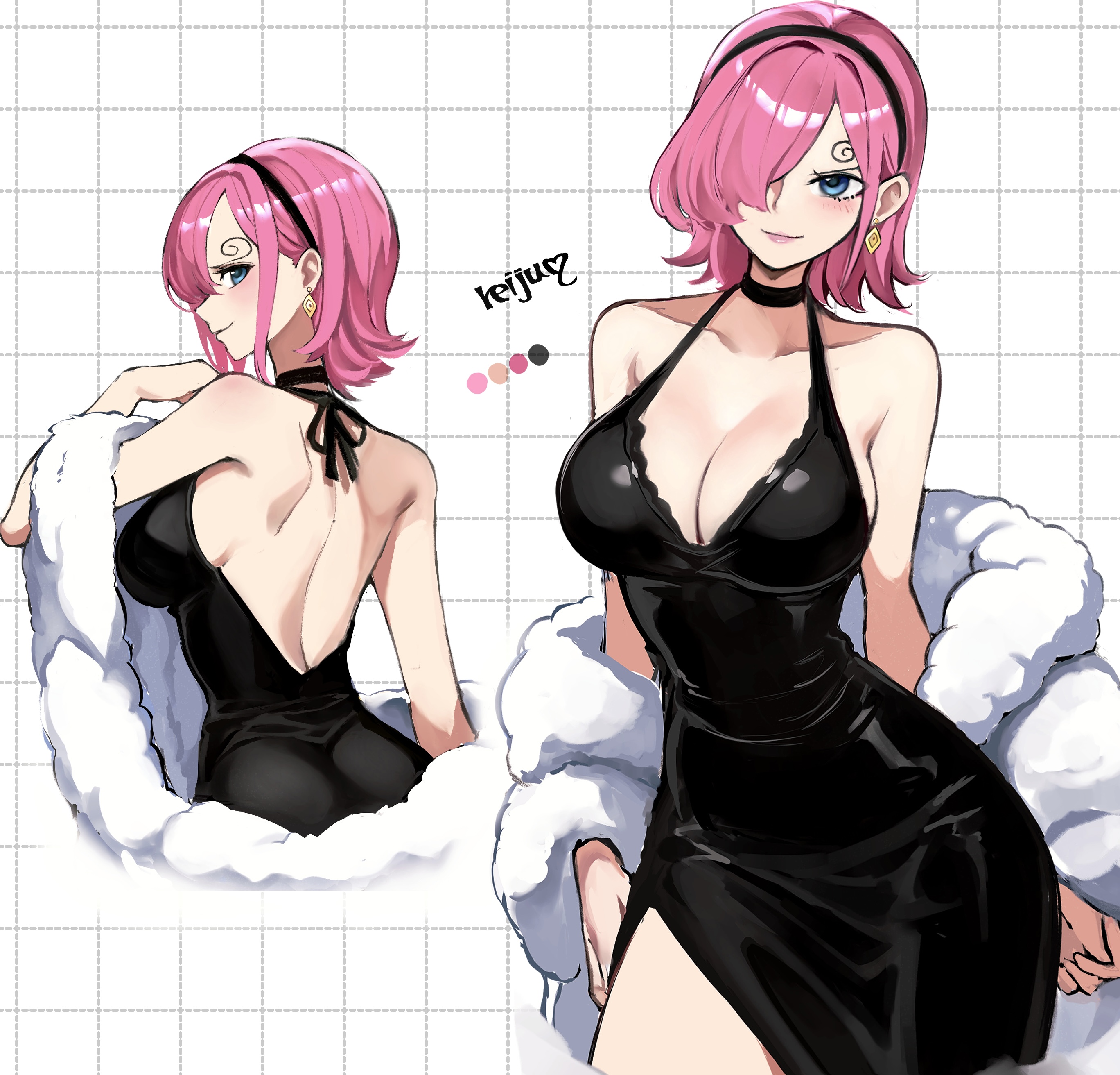 kasumi 6, vinsmoke reiju, one piece, absurdres, commentary request, highres, 1girl, asymmetrical bangs, back, bare shoulders, black choker, black dress, black hairband, breasts, choker, cleavage, collarbone, color guide, dress, evening gown, flipped hair, fur jacket, grid background, hair over one eye, hairband, halterneck, jacket, jacket partially removed, large breasts, median furrow, multiple views, one eye covered, pink hair, short hair, shoulder blades, sideboob, sleeveless, sleeveless dress, white jacket