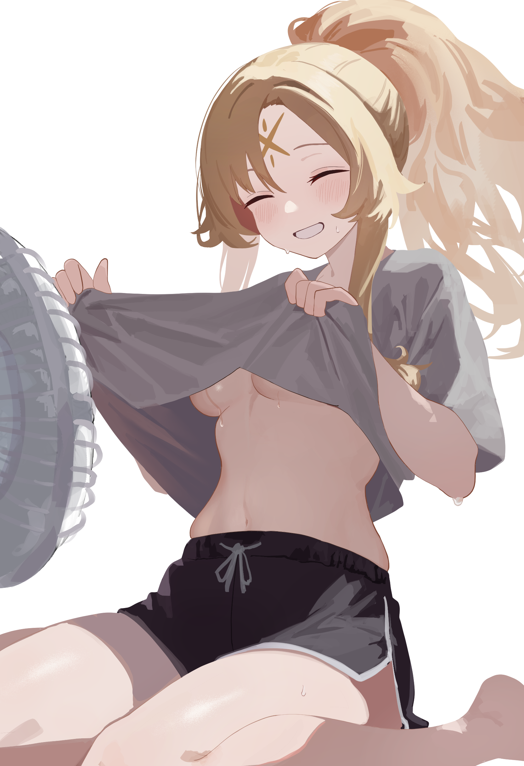nbee ya, ecclesia (yu-gi-oh!), incredible ecclesia the virtuous, yu-gi-oh!, absurdres, commentary request, highres, 1girl, barefoot, black shorts, blonde hair, blush, breasts, casual, clothes lift, dolphin shorts, duel monster, electric fan, facial mark, fanning self, forehead mark, grey shirt, grin, hair between eyes, lifting own clothes, long hair, medium breasts, navel, parted bangs, ponytail, shirt, shirt lift, short shorts, short sleeves, shorts, sidelocks, sitting, smile, solo, stigmata, stomach, sweat, teeth, transparent background, underboob, wariza