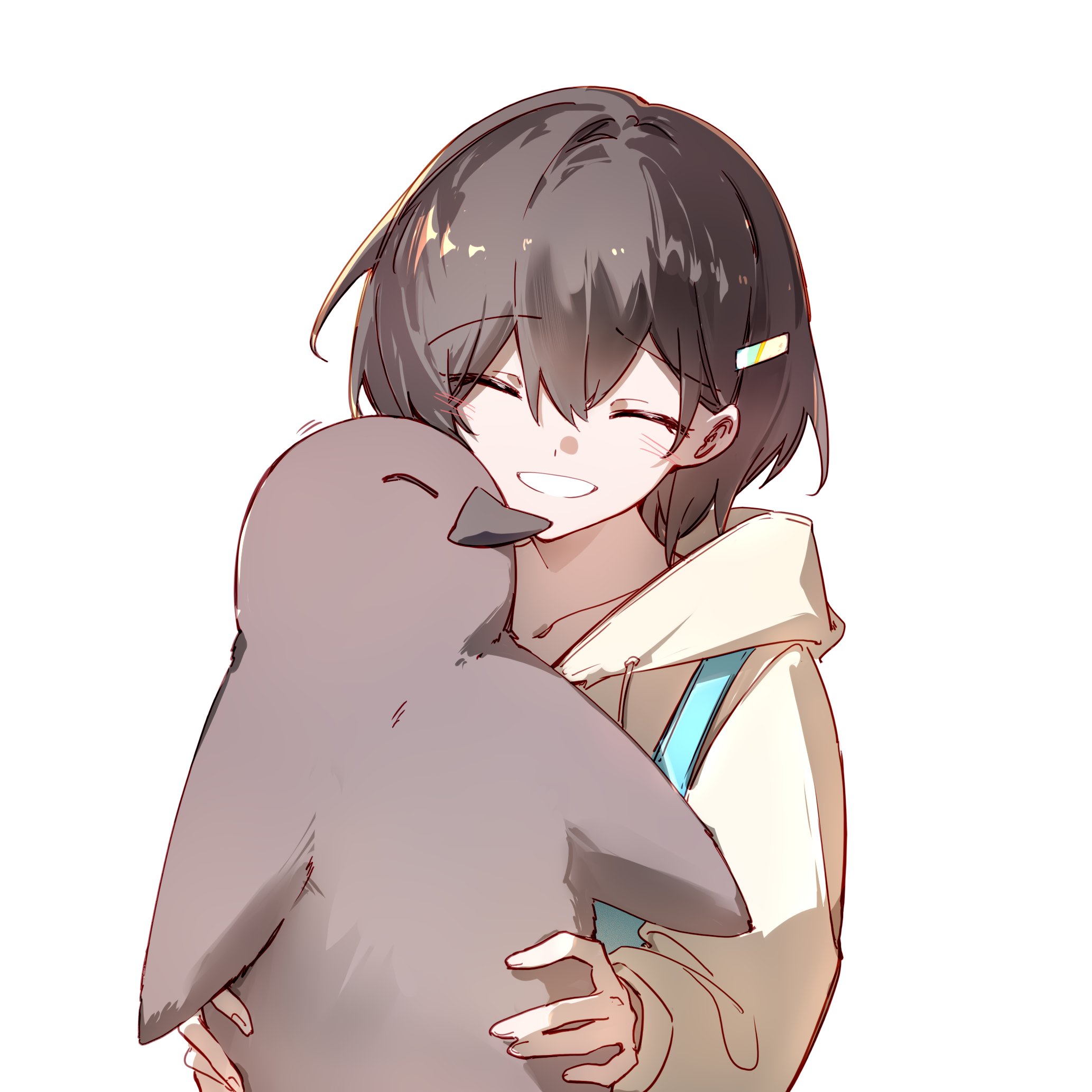 hibioes, takamatsu tomori, bang dream!, bang dream! it's mygo!!!!!, highres, 1girl, bird, closed eyes, hair ornament, hairclip, hood, hood down, hoodie, long sleeves, open mouth, penguin, simple background, tomorin (penguin), white background, white hoodie, xpark