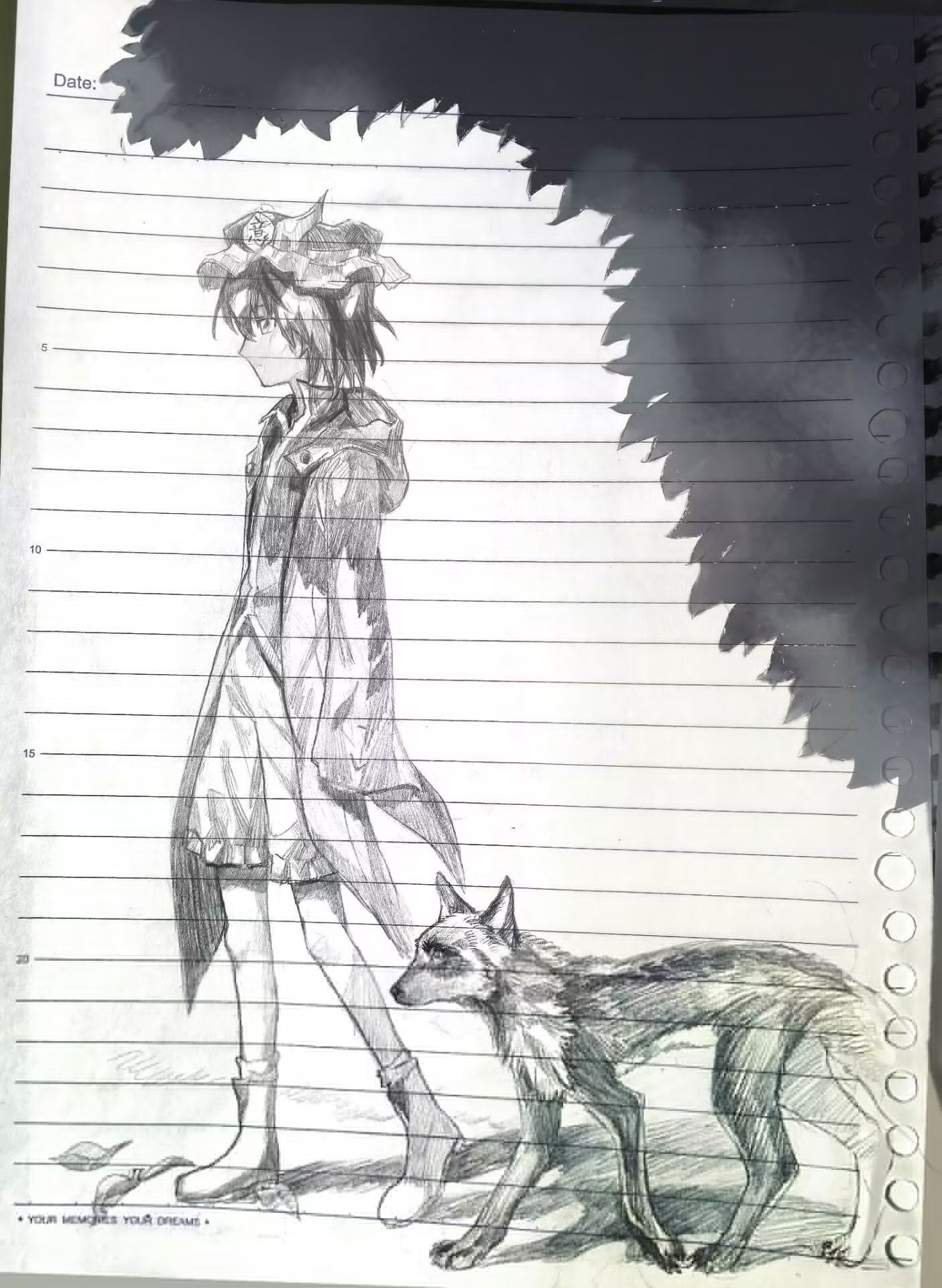 shitodo kuroji, len'en, artist request, commentary, commission, english commentary, graphite (medium), highres, photo (medium), second-party source, traditional media, 1other, androgynous, animal, arrow print, boots, closed mouth, coattails, collared shirt, expressionless, fox, frilled headwear, frilled shorts, frills, full body, hair between eyes, hat, high collar, hood, hood down, hooded jacket, jacket, knees, leaf, long sleeves, looking ahead, mob cap, open clothes, open jacket, other focus, shadow, shirt, short hair, shorts, sleeves past fingers, sleeves past wrists, socks, solo, tree, triangular headpiece, walking, wide sleeves, zipper