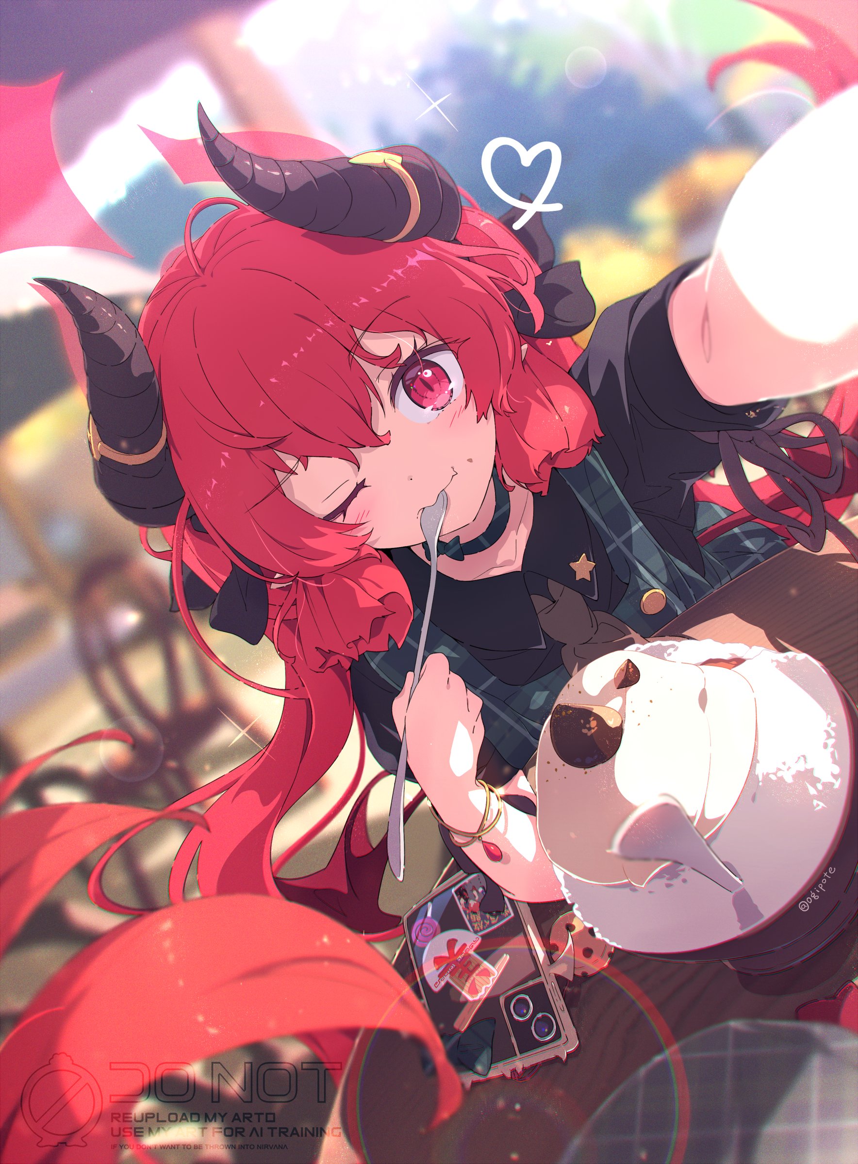 ogipote, junko (blue archive), blue archive, absurdres, highres, 1girl, black horns, black shirt, blurry, blurry background, blush, bowl, cellphone, choker, demon girl, demon horns, dress, dutch angle, eating, food, food on face, halo, heart, holding, holding spoon, horns, long hair, looking at viewer, necktie, one eye closed, phone, pinafore dress, red eyes, red hair, selfie, shirt, short sleeves, sleeveless, sleeveless dress, smartphone, solo, spoon, table, utensil in mouth