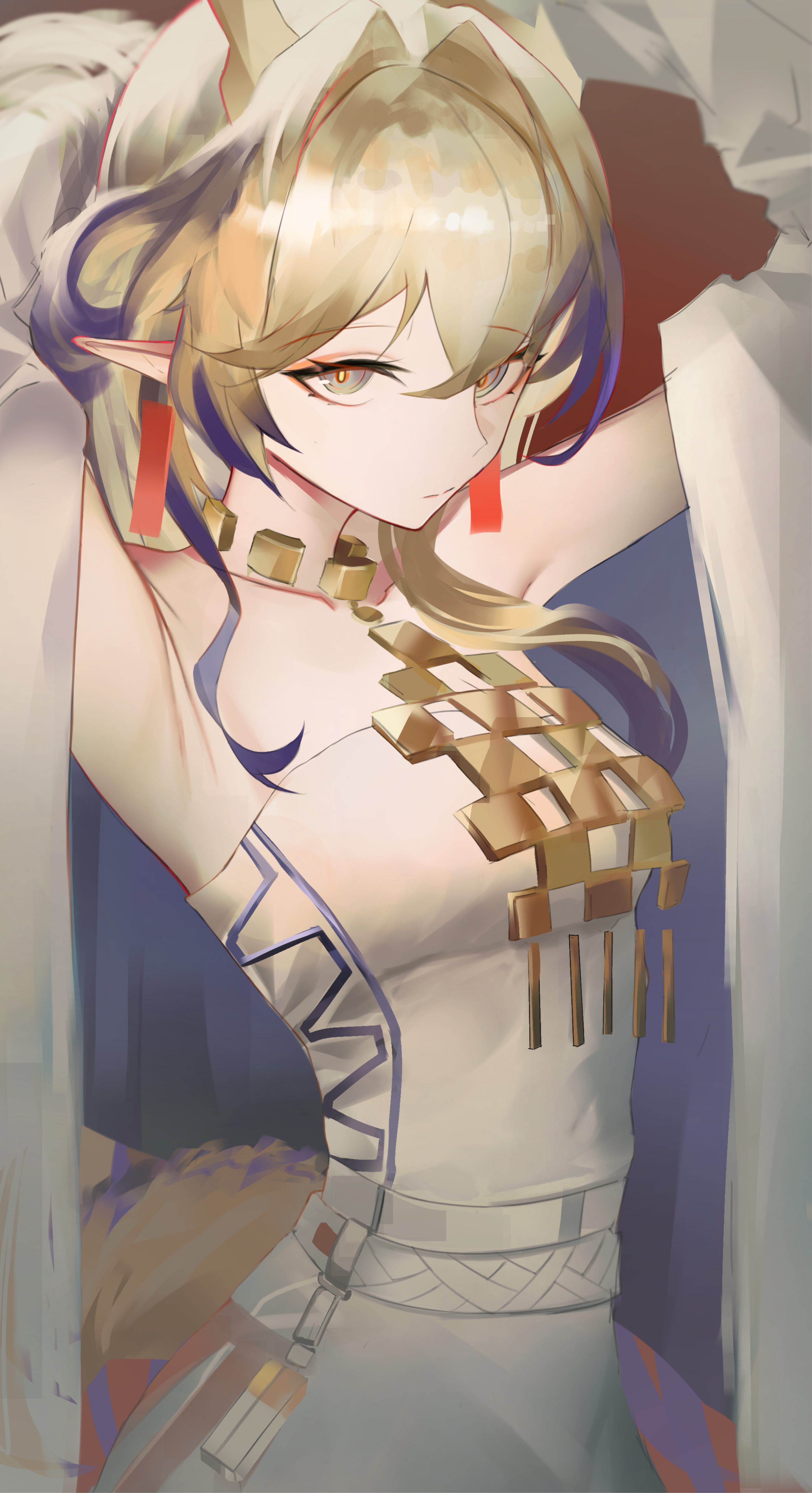 mikkan, shu (arknights), arknights, absurdres, commentary, highres, 1girl, armpit focus, armpits, arms up, bare shoulders, belt, blonde hair, brown hair, closed mouth, dragon girl, dragon horns, earrings, grey belt, grey eyes, grey hair, grey jacket, grey tube top, hair between eyes, horns, jacket, jewelry, long hair, looking at viewer, multicolored hair, necklace, pointy ears, purple hair, solo, strapless, tube top