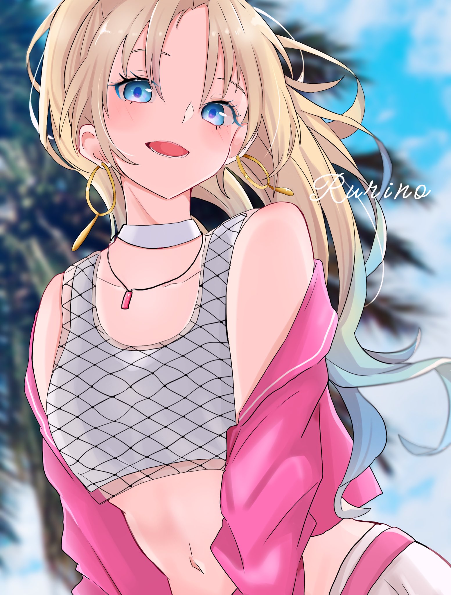 roku aya fuyu, osawa rurino, link! like! love live!, love live!, commentary request, highres, 1girl, :d, bare shoulders, blonde hair, blue eyes, blue hair, blurry, blurry background, breasts, earrings, fishnet top, fishnets, gradient hair, jacket, jewelry, looking at viewer, multicolored hair, navel, necklace, off shoulder, open clothes, open jacket, open mouth, pink jacket, skirt, small breasts, smile, solo, sports bra, stomach, upper body, virtual youtuber, white skirt, white sports bra