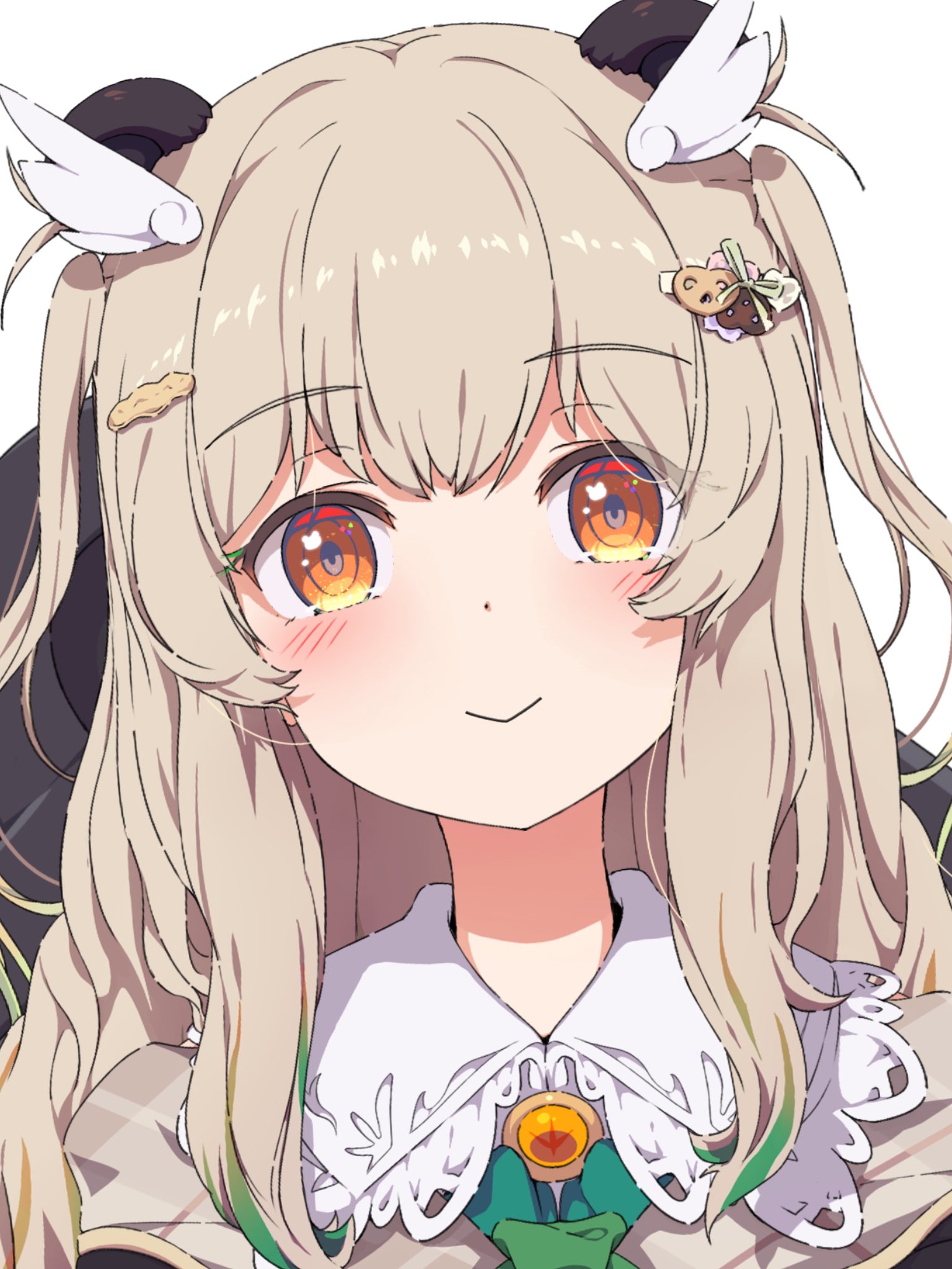 ogipote, amatsuna sasaha, nanashi inc., highres, 1girl, blush, brown eyes, hair ornament, long hair, looking at viewer, portrait, smile, solo, two side up, virtual youtuber, white background, wing hair ornament