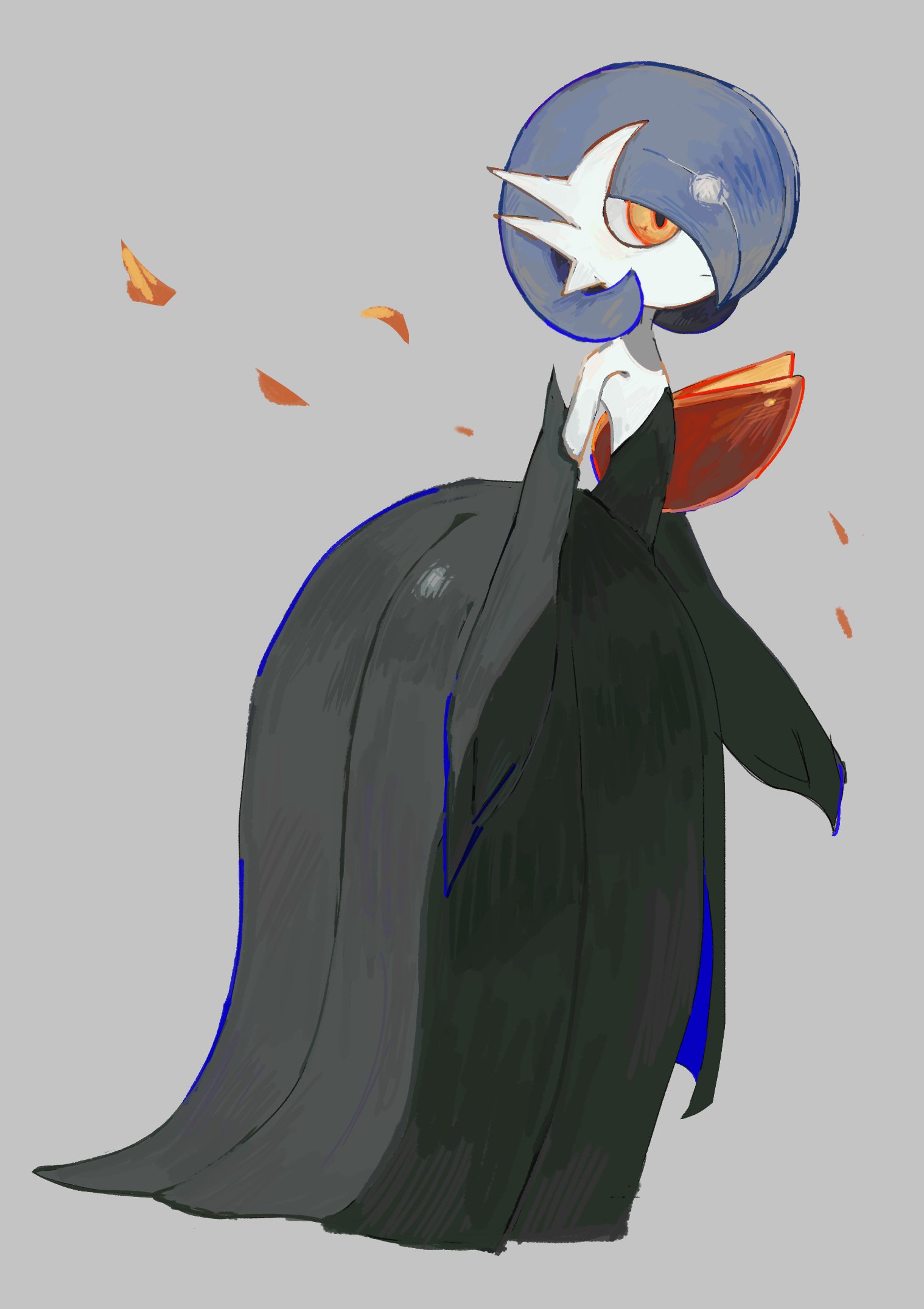 shicha (yagu), gardevoir, mega gardevoir, nintendo, pokemon, highres, 1girl, alternate color, bare shoulders, black dress, black gloves, blue hair, bob cut, closed mouth, colored skin, dress, elbow gloves, expressionless, flat chest, full body, gen 3 pokemon, gloves, grey background, hair over one eye, long dress, looking to the side, mega pokemon, one eye covered, orange eyes, petals, pokemon (creature), shiny pokemon, short hair, simple background, solo, standing, strapless, strapless dress, white skin