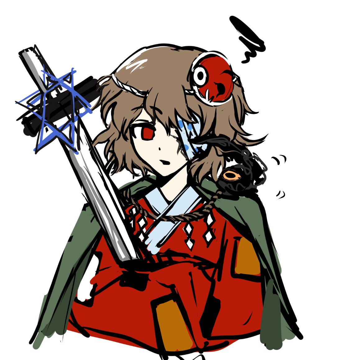 otogisum3, ametsukana yago, len'en, 1other, androgynous, annoyed, bandage over one eye, brown hair, cape, creature, creature on shoulder, cropped torso, crossed arms, gouged eye, green cape, hexagram, holding, holding sword, holding weapon, japanese clothes, kimono, long sleeves, looking at creature, mask, mask on head, noh mask, on shoulder, other focus, parted lips, patchwork clothes, red eyes, red kimono, red mask, rope, shide, shimenawa, short hair, simple background, solo, squiggle, star of david, sword, weapon, white background, wide sleeves