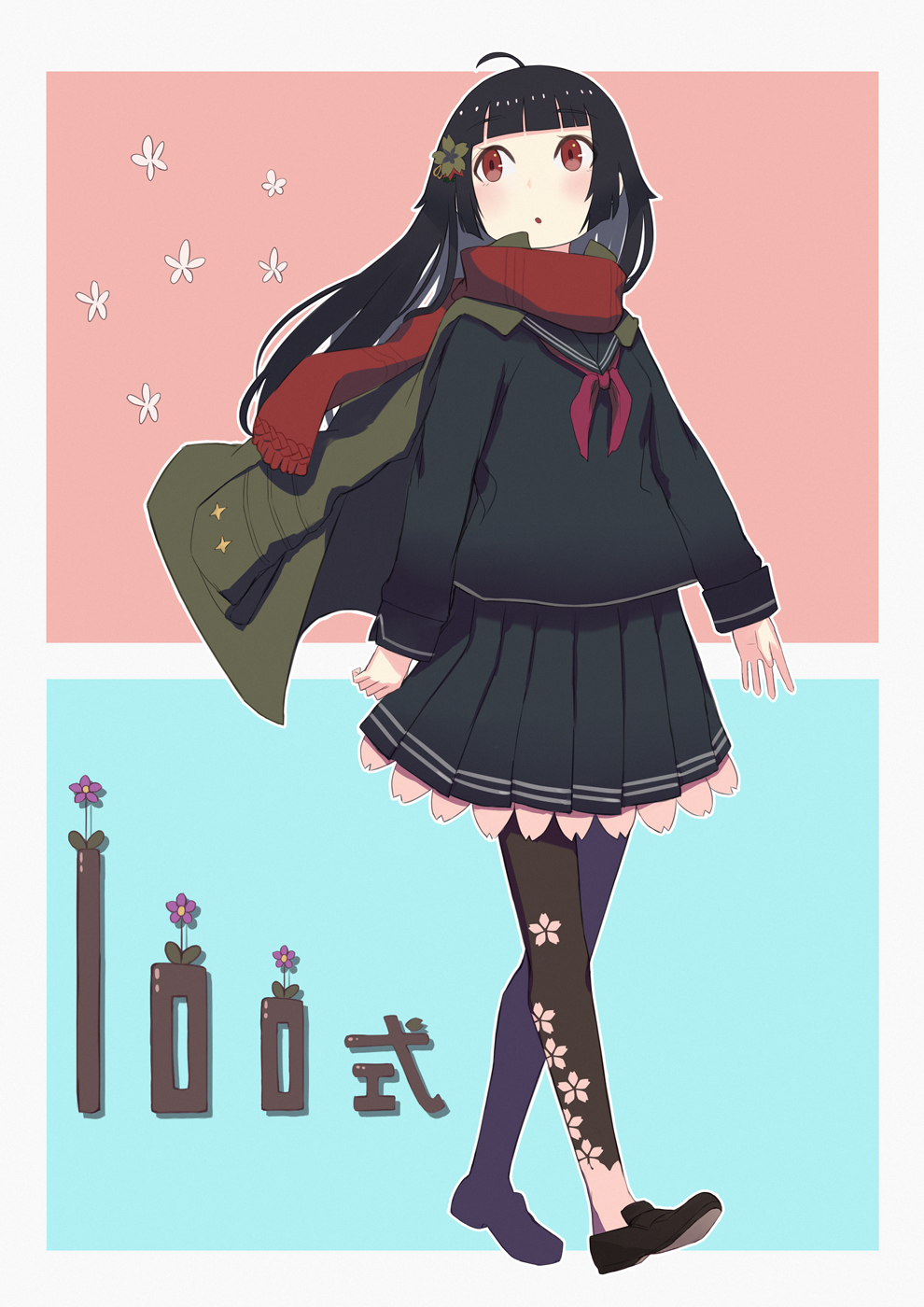 asakiri koko, type 100 (girls' frontline), girls' frontline, commentary request, highres, 1girl, ahoge, black hair, black leggings, black sailor collar, black serafuku, black shirt, black shoes, black skirt, blue background, blunt bangs, blush, border, character name, flower, frilled skirt, frills, full body, green flower, green jacket, hair flower, hair ornament, jacket, jacket on shoulders, leggings, loafers, long hair, neckerchief, open mouth, outline, outside border, pleated skirt, red background, red eyes, red neckerchief, red scarf, sailor collar, scarf, school uniform, serafuku, shirt, shoes, sidelocks, skirt, solo, walking, white border, white outline