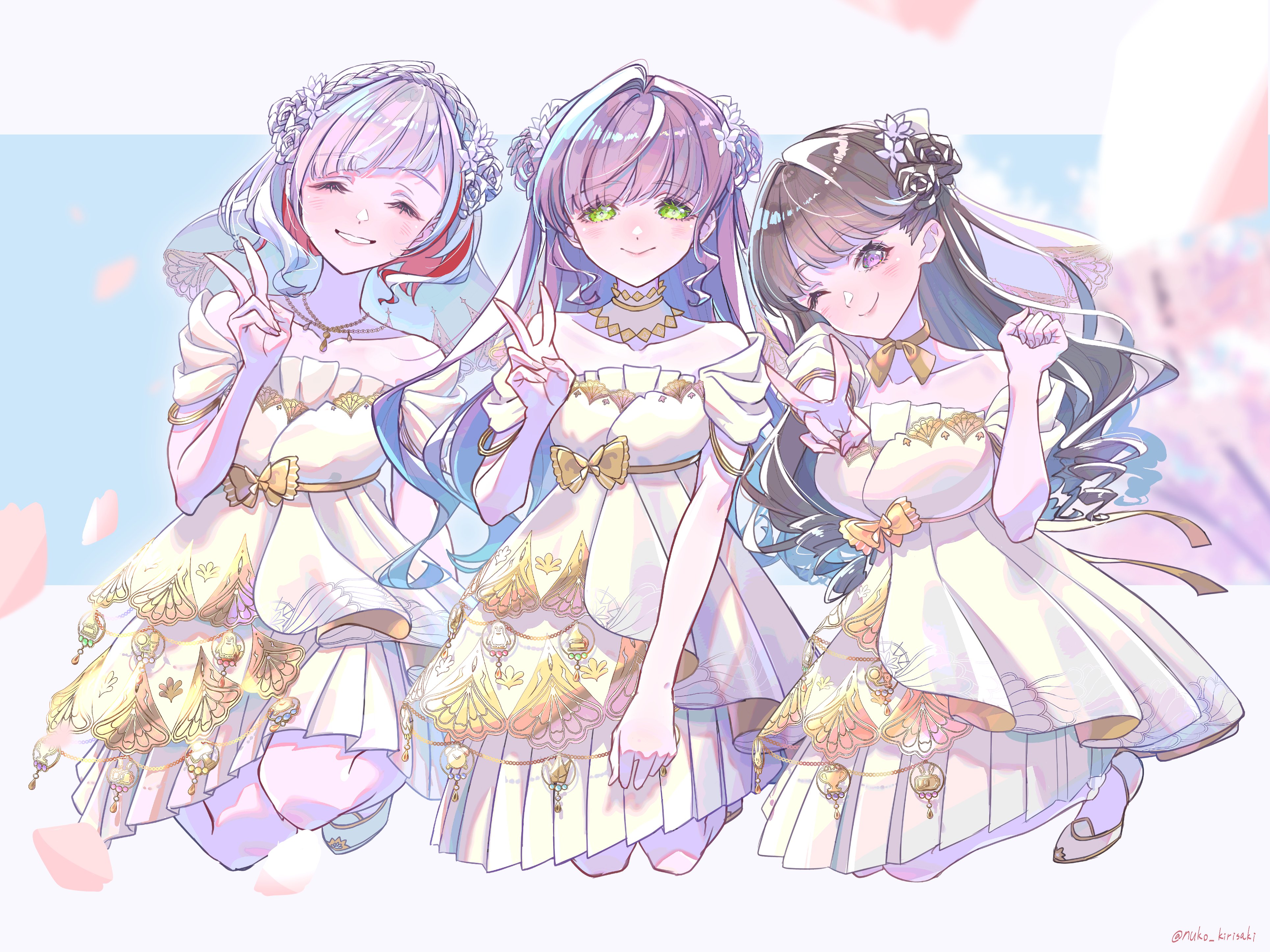 kirisaki nuko, fujishima megumi, otomune kozue, yugiri tsuzuri, link! like! love live!, love live!, absurdres, commentary request, highres, 3girls, 4th live dream ~bloom the dream believers~, ;), ^ ^, blue sky, breasts, brown hair, cherry blossoms, clenched hand, closed eyes, closed mouth, colored inner hair, day, dress, falling petals, flower, flower-shaped hair, frilled dress, frills, green eyes, grey hair, grin, hair flower, hair ornament, hasu no daisankaku, head tilt, itsudemo itsumademo (love live!), layered dress, long hair, looking at viewer, medium breasts, multicolored hair, multiple girls, off-shoulder dress, off shoulder, official alternate costume, official alternate hairstyle, one eye closed, petals, pleated dress, purple eyes, red hair, short hair, simple background, sky, smile, streaked hair, v, virtual graduation commemoration, virtual youtuber, white background, white dress, white flower