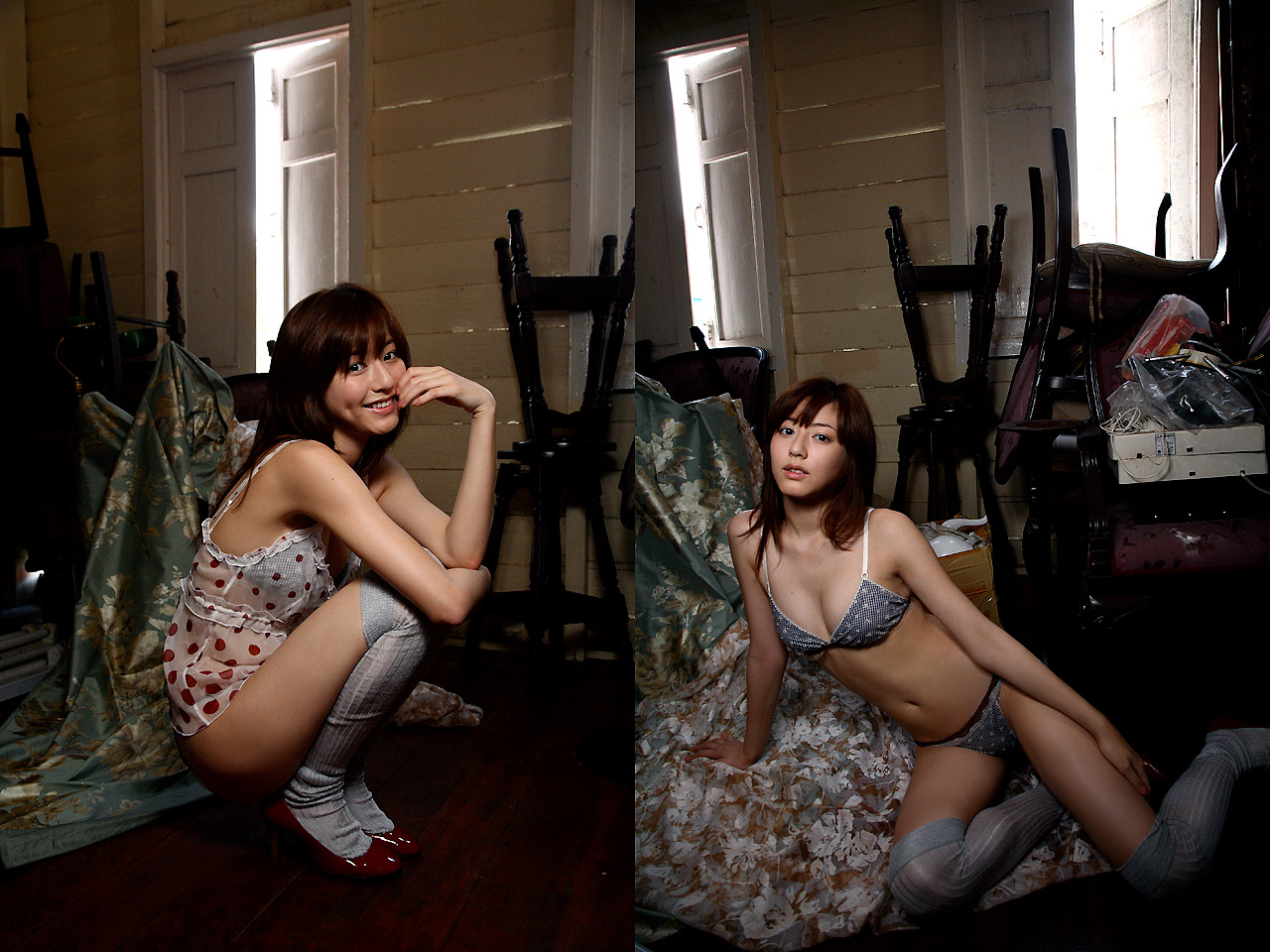 sugimoto yumi, rosebud, photo (medium), 1girl, asian, bra, brown hair, dimples, female focus, indoors, kneehighs, lingerie, long hair, looking at viewer, panties, polka dot, smile, socks, solo, underwear
