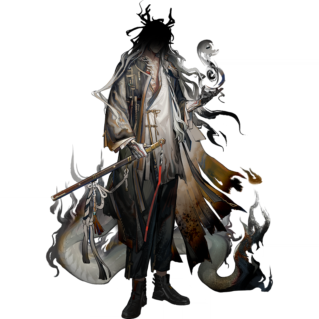 kang yiqian (self cultivation), arknights, official art, third-party source, 1boy, black hair, black pants, board game, chinese clothes, dragon boy, dragon tail, eastern dragon horns, faceless, faceless male, floating go stone, floating hair, full body, go (board game), holding, holding sword, holding weapon, long hair, male focus, open clothes, open shirt, pants, shaded face, sheath, sheathed, shirt, simple background, solo, standing, sword, tachi-e, tail, transparent background, very long hair, wang (arknights), weapon, white hair, white shirt