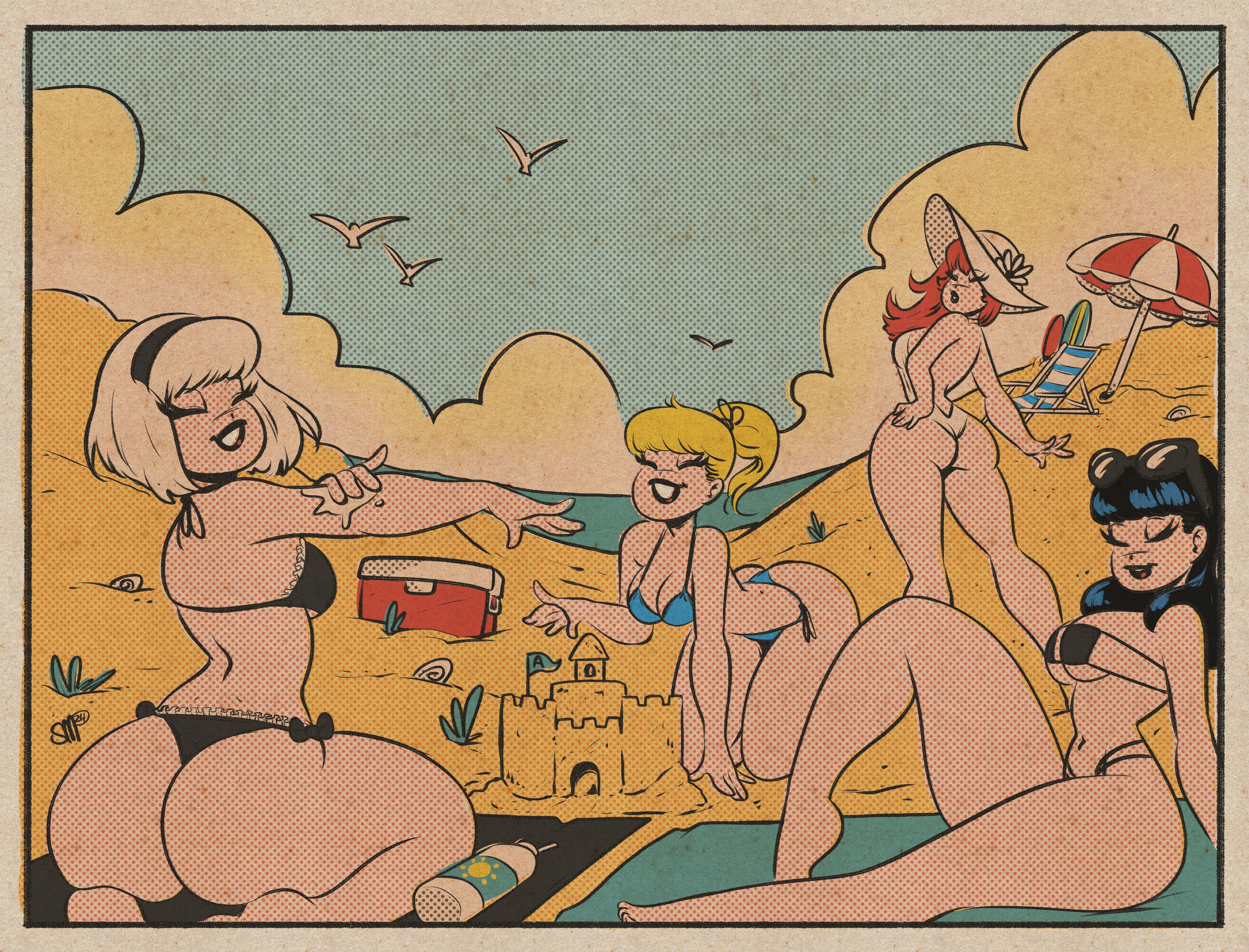 sgtmadness, betty cooper, sabrina spellman, veronica lodge, sabrina the teenage witch, absurdres, highres, 4girls, archie (comic), ass, beach, ben-day dots, bikini, black bikini, black hair, black lips, blonde hair, blue bikini, blue sky, border, breasts, cheryl blossom, closed eyes, cloud, dan decarlo (style), day, kneeling, large breasts, long hair, multiple girls, outdoors, outside border, red hair, retro artstyle, sand, sand castle, sand sculpture, screentones, short hair, sitting, sky, swimsuit, toon (style), white border, white hair