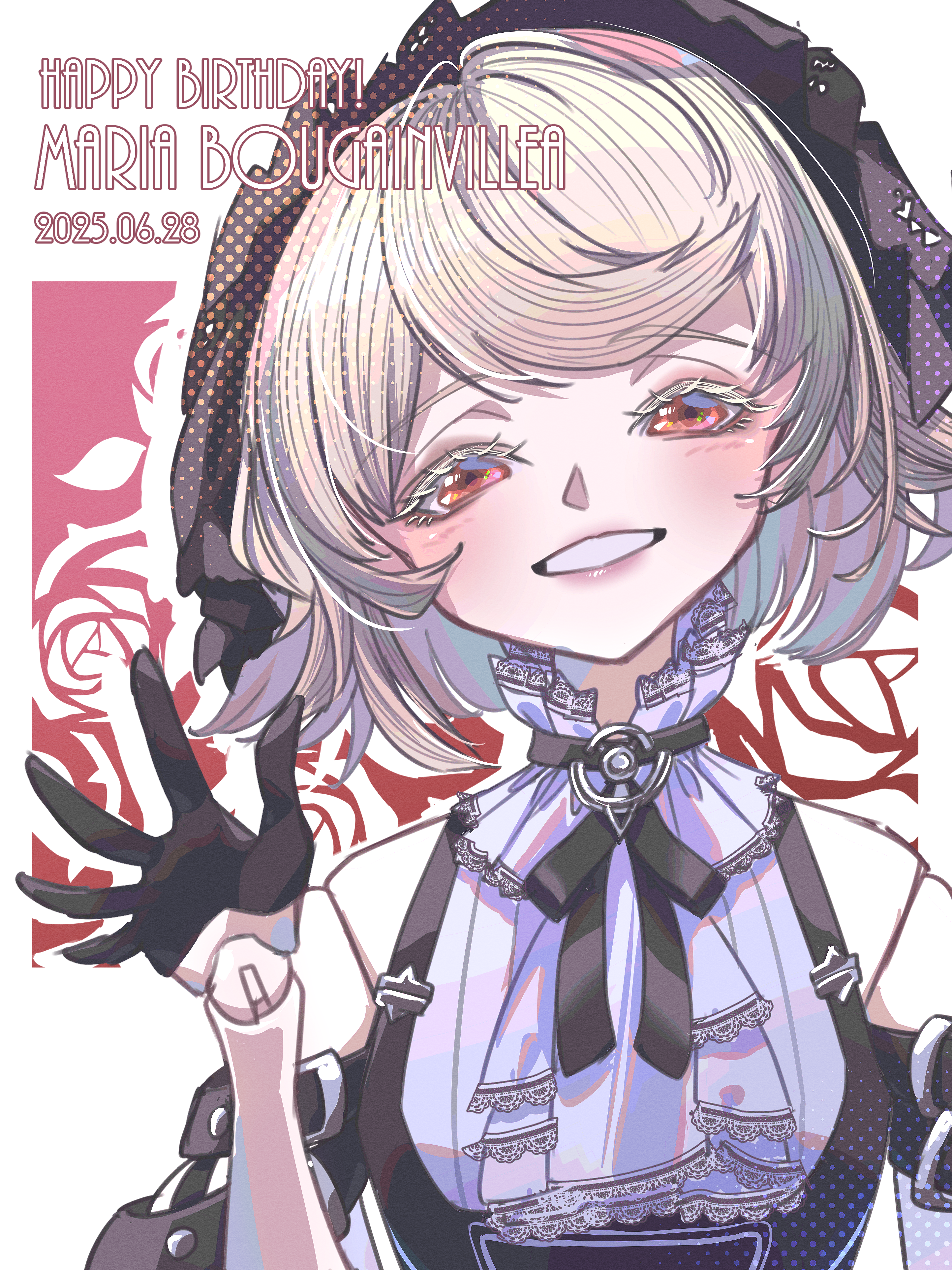kirisaki nuko, absurdres, commentary, highres, 1girl, ascot, black gloves, black ribbon, blush, dated, digital doll, doll joints, floral background, gloves, grey hair, grin, half gloves, happy birthday, joints, looking at viewer, maria bougainvillea, neck ribbon, orange eyes, red background, ribbon, rose background, shirt, sleeveless, sleeveless shirt, smile, solo, virtual youtuber, white ascot, white shirt