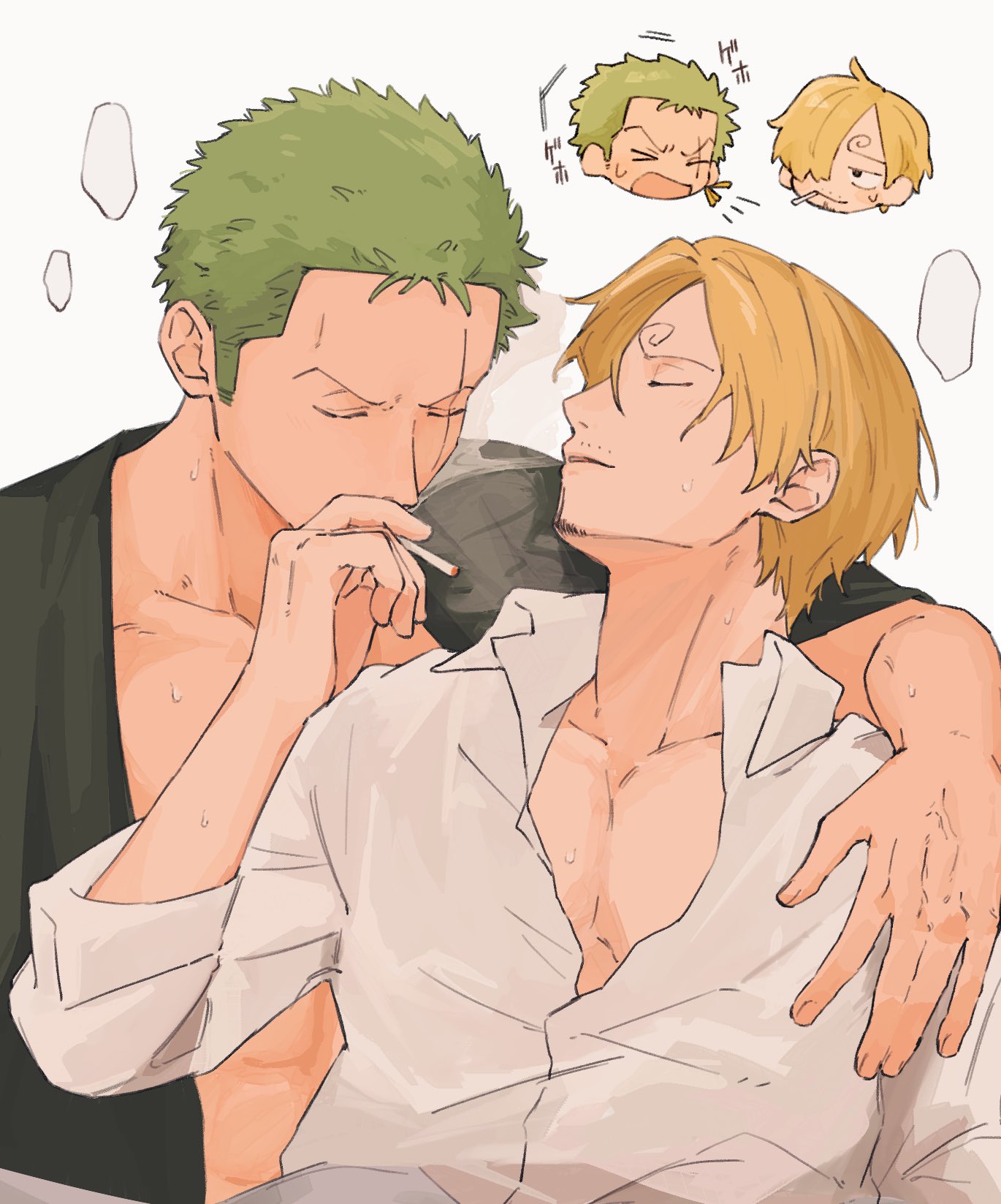 iqracha, roronoa zoro, sanji (one piece), one piece, highres, 2boys, blonde hair, cigarette, closed eyes, curly eyebrows, facial hair, goatee, goatee stubble, green hair, hand on another's shoulder, male focus, multiple boys, mustache stubble, open clothes, open mouth, open shirt, parted lips, scar, scar across eye, scar on face, shirt, short hair, simple background, smoking, stubble, upper body, white background, white shirt, yaoi