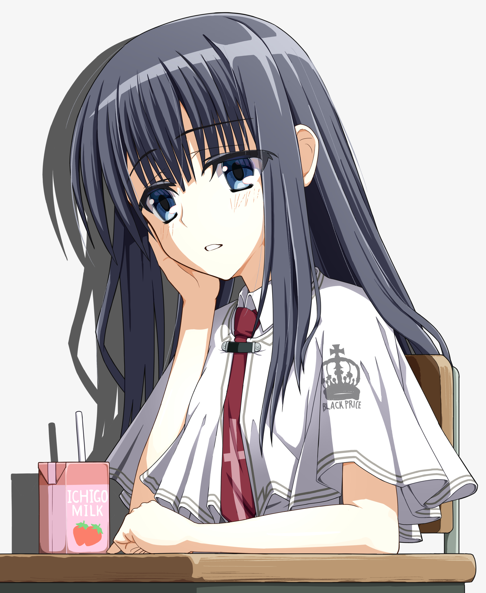 cevi79604876054, takashima zakuro, subarashiki hibi, commentary request, highres, 1girl, black hair, blue eyes, capelet, chair, clothes writing, desk, grey background, hair between eyes, head rest, long hair, milk carton, necktie, red necktie, school chair, school desk, school uniform, shadow, simple background, sitting, solo, strawberry milk, upper body, white capelet