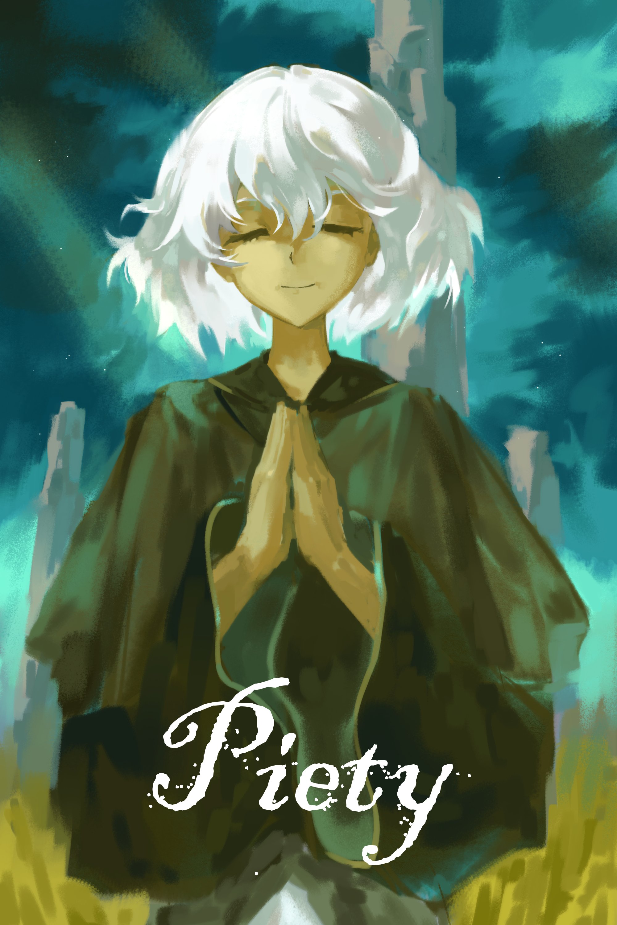 len'en, absurdres, highres, 1girl, black shirt, blue sky, brown capelet, capelet, closed eyes, closed mouth, collared shirt, cowboy shot, day, english text, eyelashes, grass, happy, light particles, light rays, long sleeves, outdoors, own hands together, pants, pillar, pocket, praying, shirt, shitodo hoojiro, short hair, sky, smile, solo, standing, sunlight, white hair, white pants, wide sleeves, yancao (pixiv 103434280)